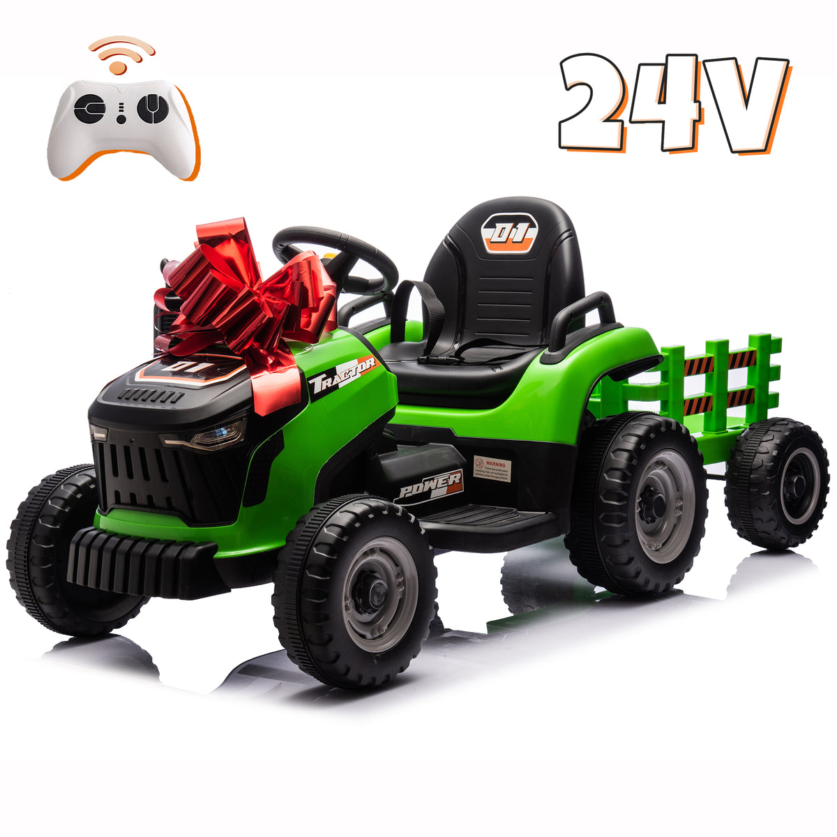 Sunnyfree 24V Kids Ride on Tractor, Electric Tractor with Detachable Trailer, Ride on Toys with Remote Control, 2×200W Motors, Bluetooth, LED Lights, Ages 3-8