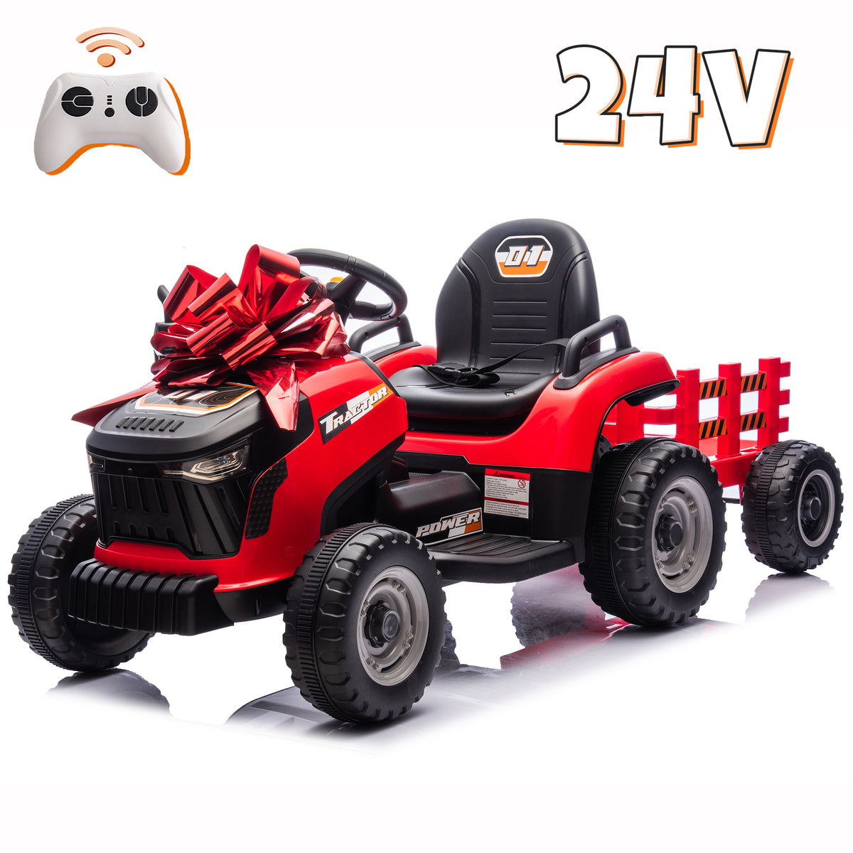 Sunnyfree 24V Kids Ride on Tractor, Electric Tractor with Detachable Trailer, Ride on Toys with Remote Control, 2×200W Motors, Bluetooth, LED Lights, Ages 3-8