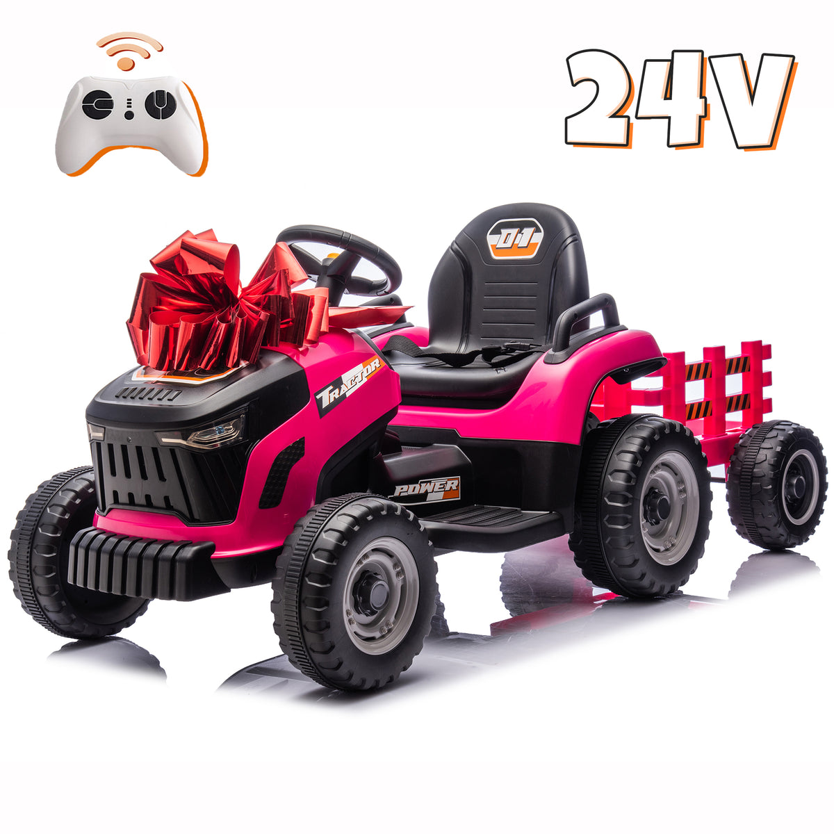 Sunnyfree 24V Kids Ride on Tractor, Electric Tractor with Detachable Trailer, Ride on Toys with Remote Control, 2×200W Motors, Bluetooth, LED Lights, Ages 3-8