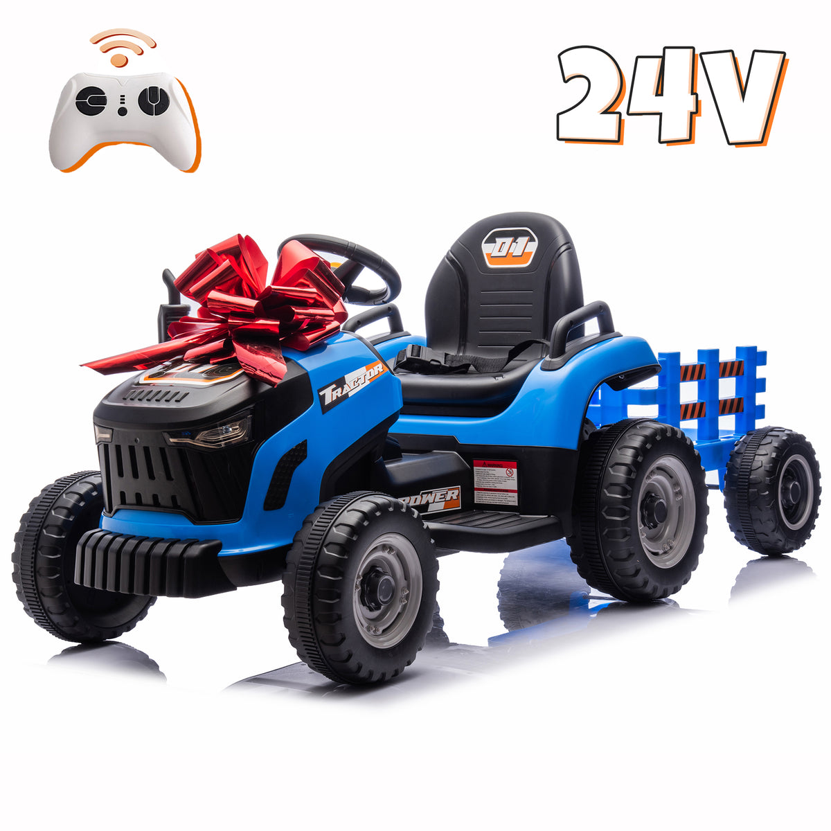 Sunnyfree 24V Kids Ride on Tractor, Electric Tractor with Detachable Trailer, Ride on Toys with Remote Control, 2×200W Motors, Bluetooth, LED Lights, Ages 3-8