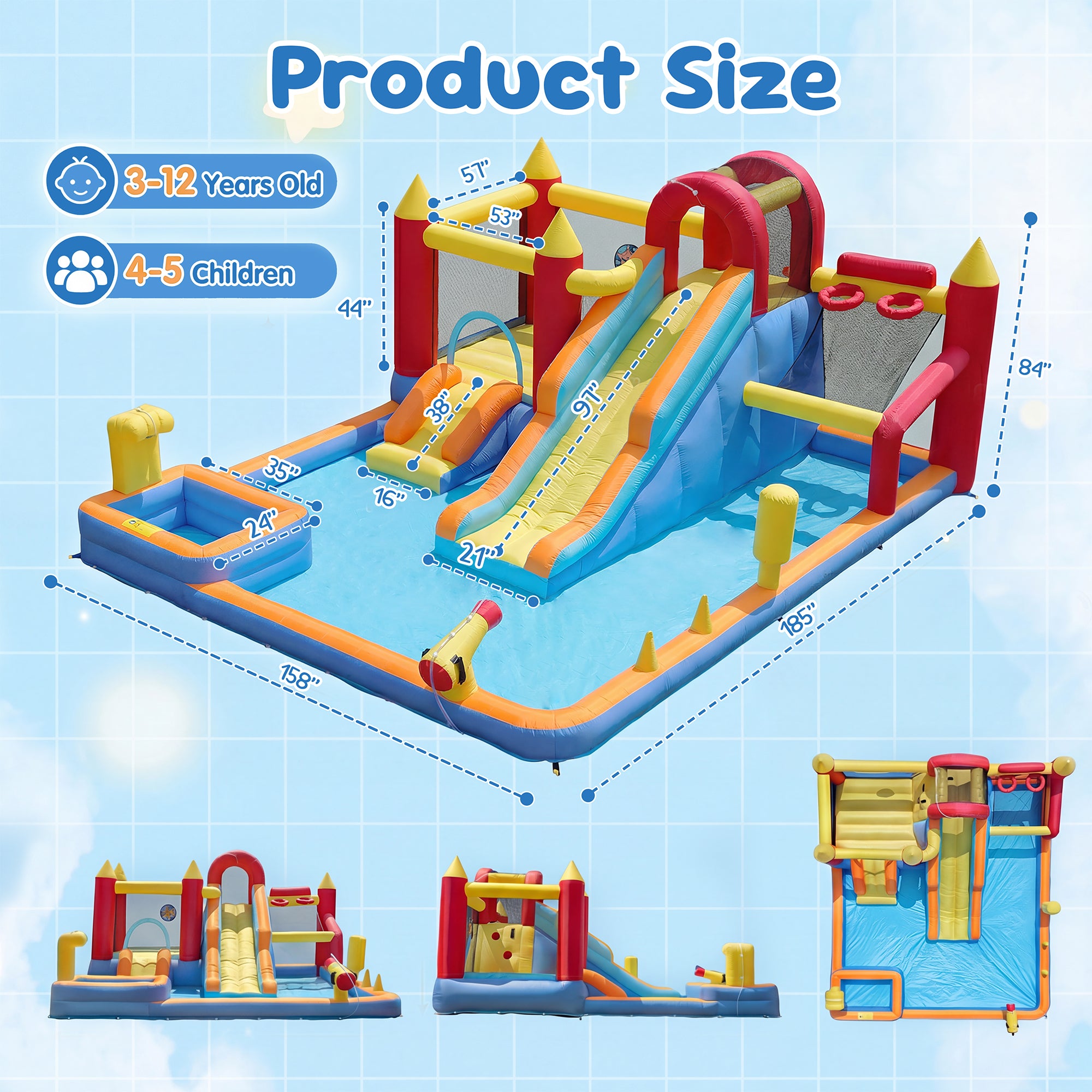 Sunnyfree 13 in 1 Inflatable Bounce House with Blower, 185" × 157" × 83" Oversized Inflatable Water Slide Park, Indoor&Outdoor Bounce Castle