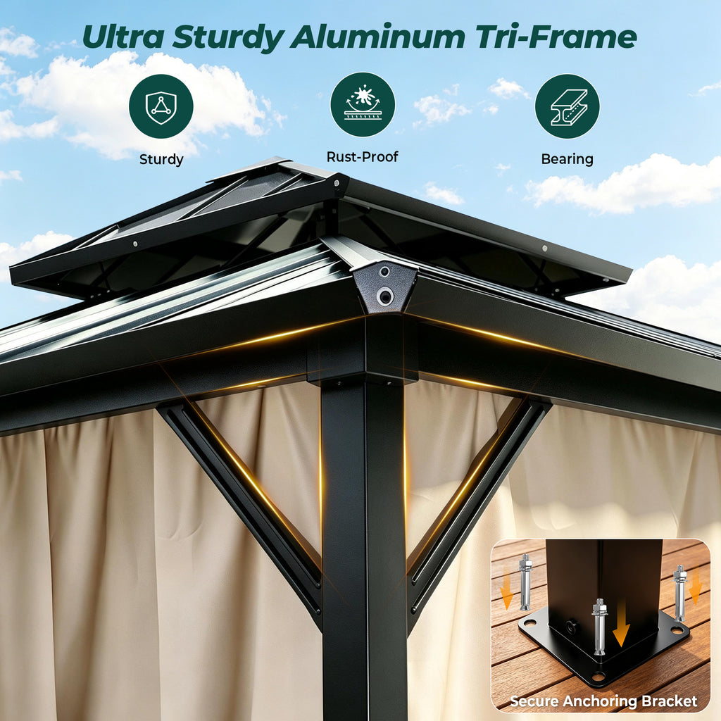 Sunnyfree 10x12 ft Hardtop Gazebo, Galvanized Steel Double Roof, Aluminum Pavilion with Curtains & Netting, for Patio, Garden