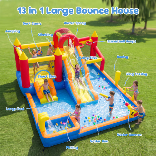 Sunnyfree 13 in 1 Inflatable Bounce House with Blower, 185" × 157" × 83" Oversized Inflatable Water Slide Park, Indoor&Outdoor Bounce Castle