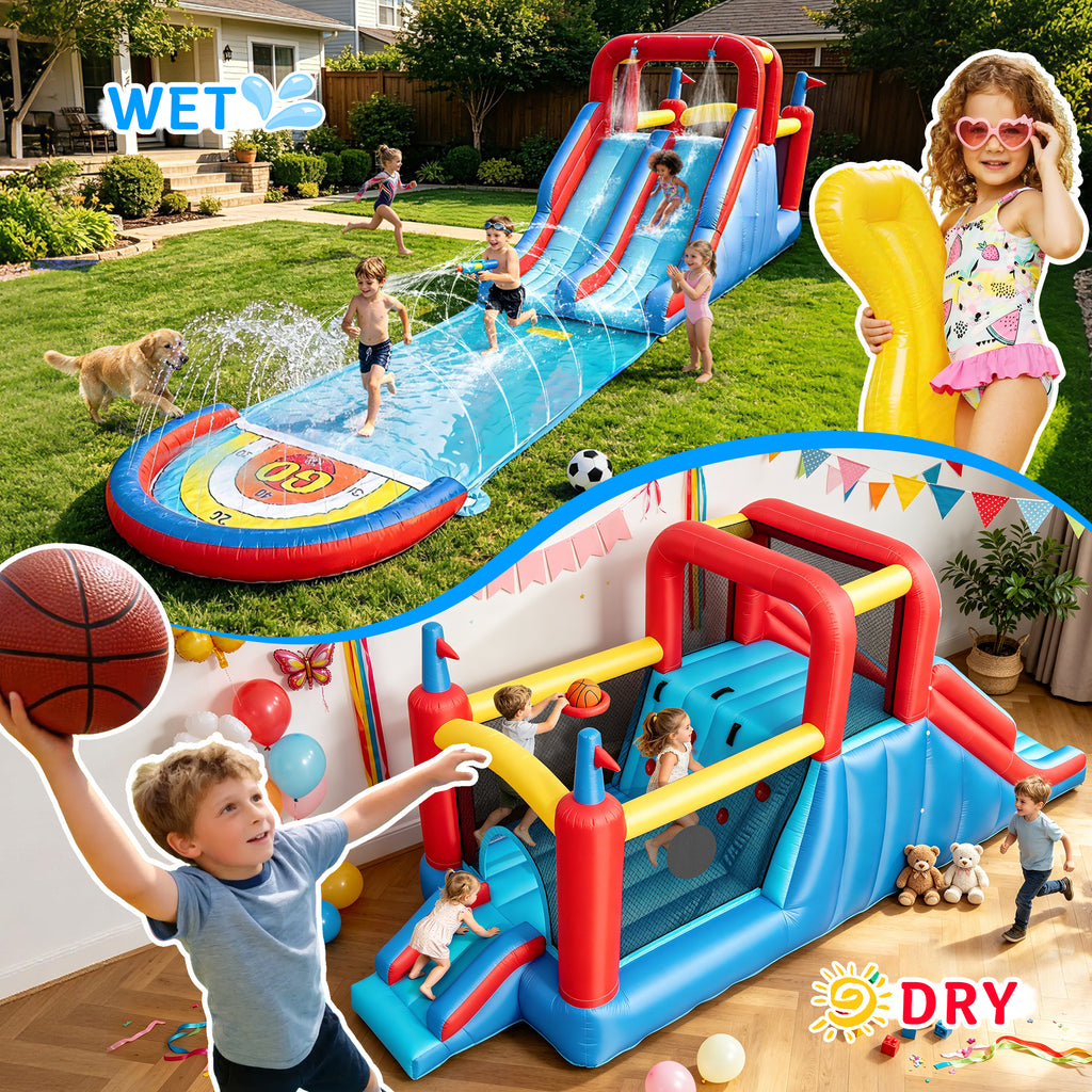 Sunnyfree Inflatable Water Slide for Kids 3+, 2 Extra Long Slides with Sprinkler, 2 Slip Inflatable Boards&112in Removable Slide, Indoor/Outdoor