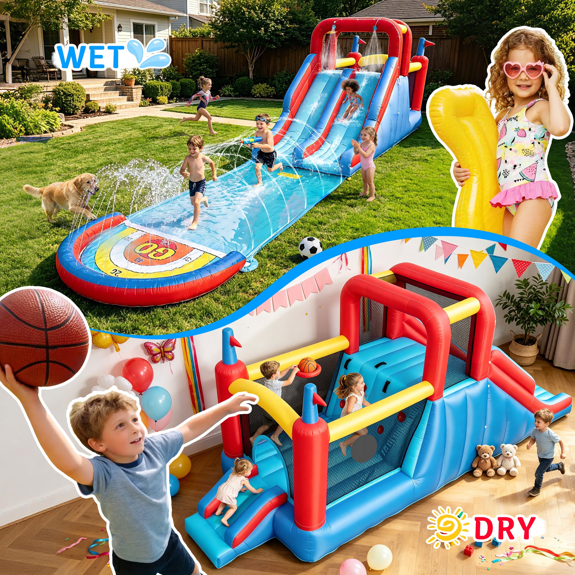 Sunnyfree Inflatable Water Slide for Kids 3+, 2 Extra Long Slides with Sprinkler, 2 Slip Inflatable Boards&112in Removable Slide, Indoor/Outdoor