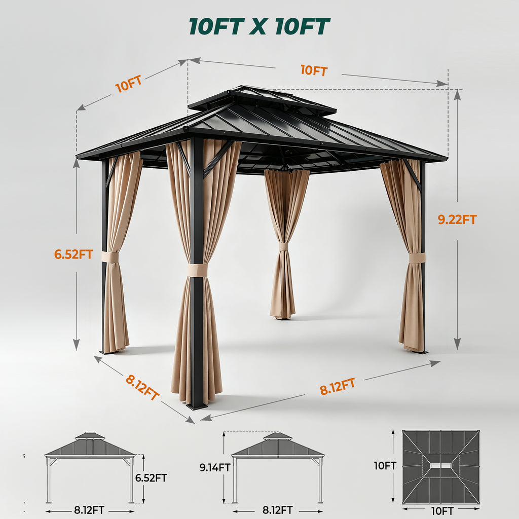 Sunnyfree 10x10 ft Hardtop Gazebo, Galvanized Steel Double Roof, Aluminum Pavilion with Curtains & Netting, for Patio, Garden