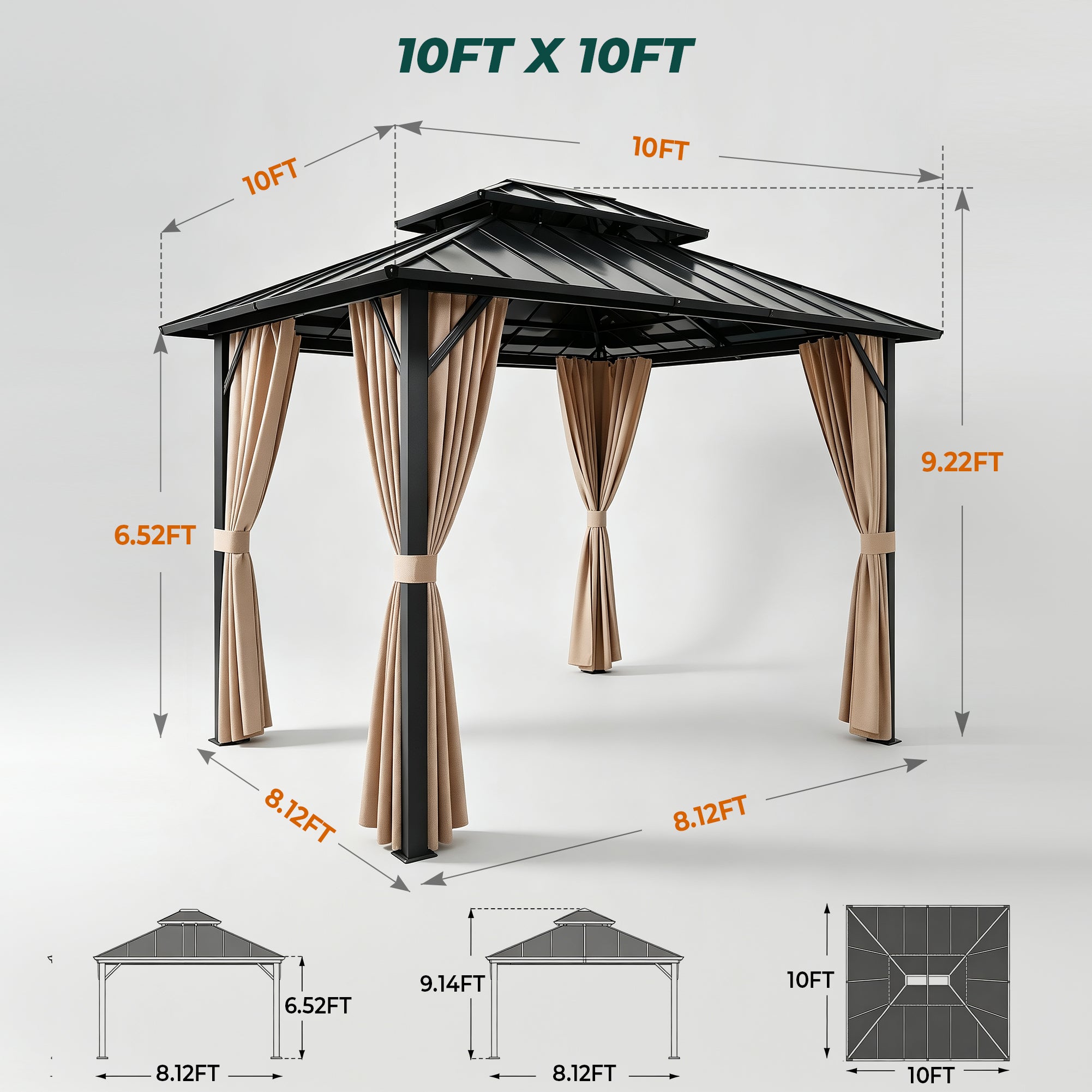 Sunnyfree 10x10 ft Hardtop Gazebo, Galvanized Steel Double Roof, Aluminum Pavilion with Curtains & Netting, for Patio, Garden