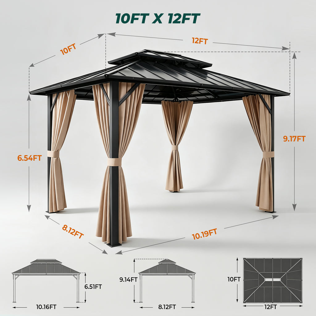 Sunnyfree 10x12 ft Hardtop Gazebo, Galvanized Steel Double Roof, Aluminum Pavilion with Curtains & Netting, for Patio, Garden