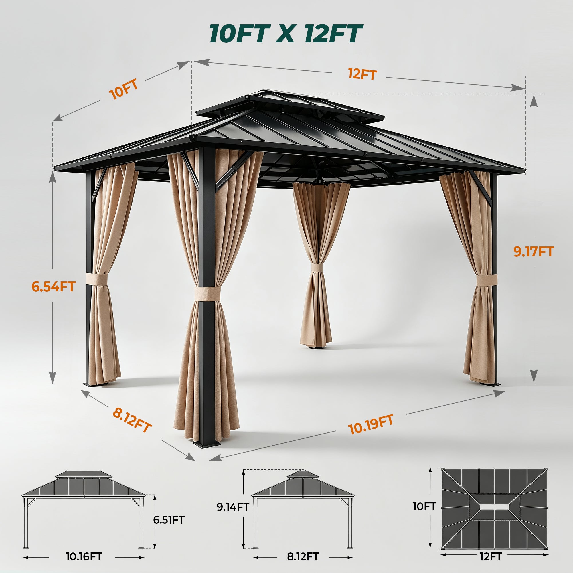 Sunnyfree 10x12 ft Hardtop Gazebo, Galvanized Steel Double Roof, Aluminum Pavilion with Curtains & Netting, for Patio, Garden