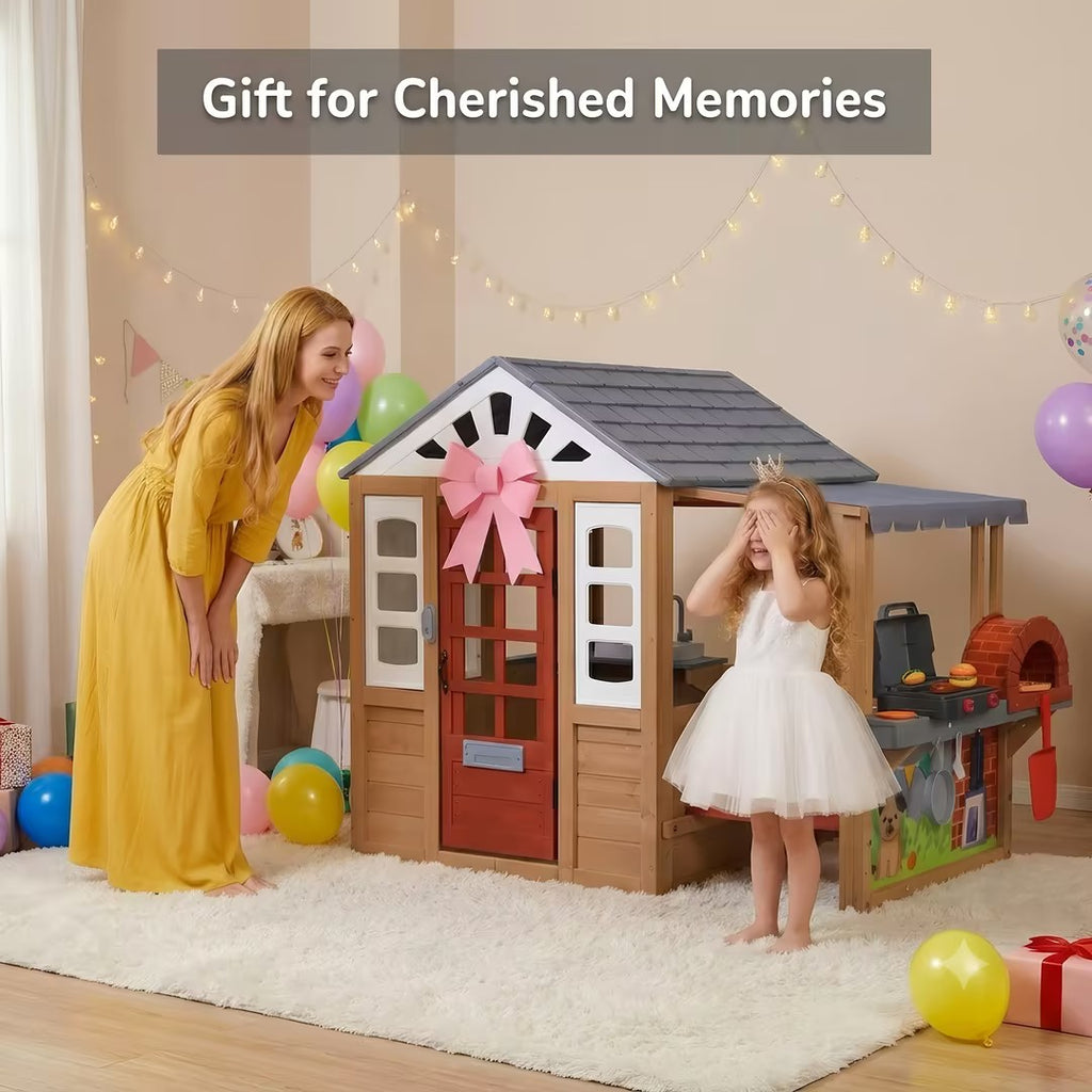 Sunnyfree Ourdoor Playhouse with BBQ Grill, Wooden Playhouse Interactive Kitchen, Pizza Oven, Toy Grill, Kitchen Utensils, Indoor & Outdoor