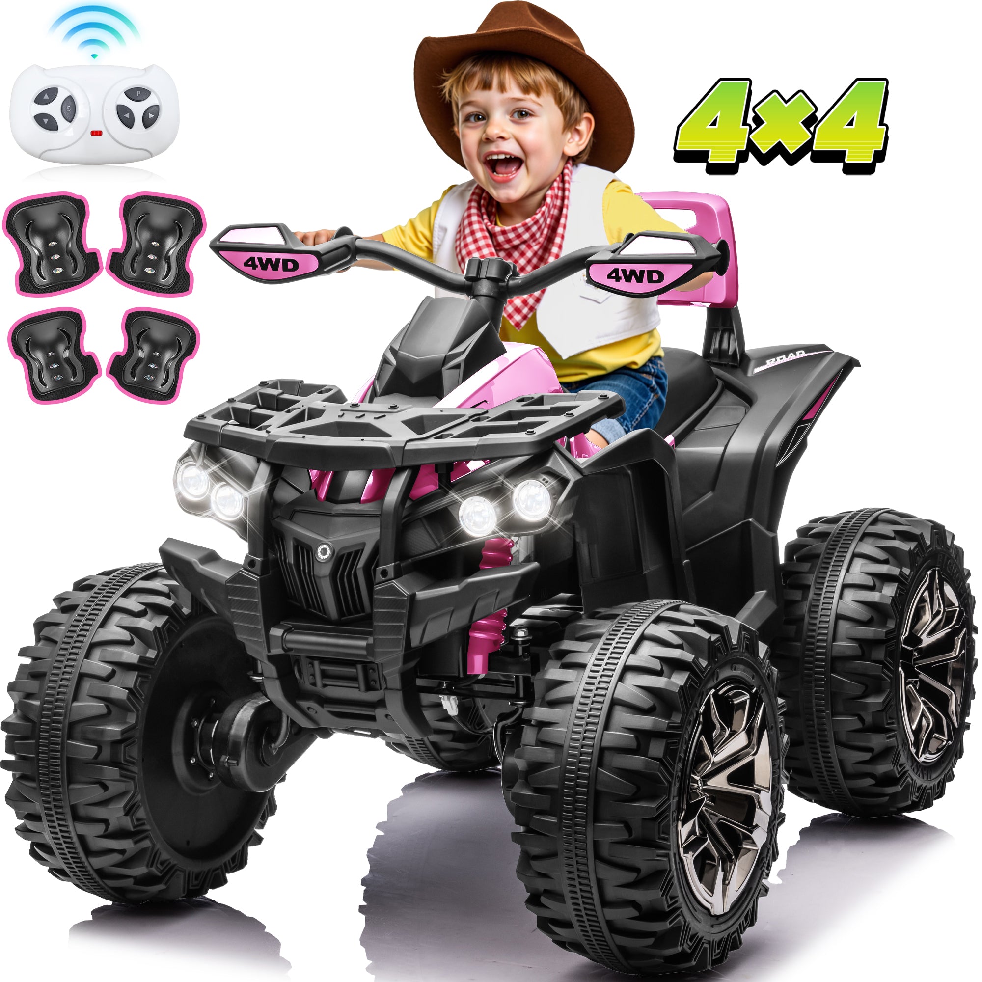 24 Volt ATV for Kids, Sunnyfree 4 Wheeler for Kids, 4WD Power Car Wheels with Remote, Bluetooth, Music, Spring Suspension, Pink