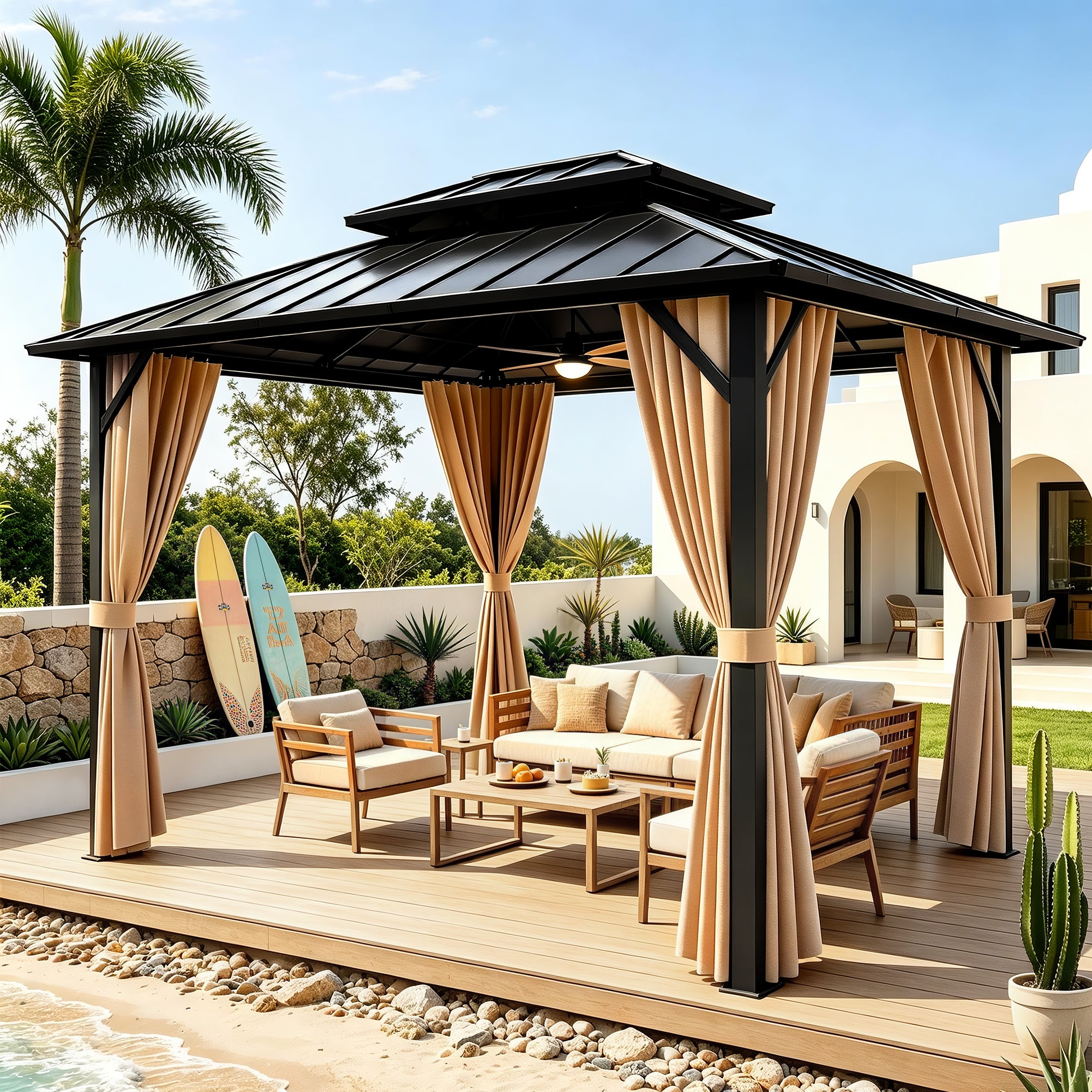 Sunnyfree 10x12 ft Hardtop Gazebo, Galvanized Steel Double Roof, Aluminum Pavilion with Curtains & Netting, for Patio, Garden