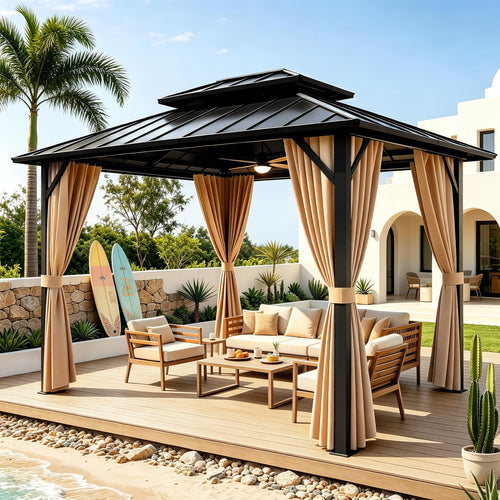 Sunnyfree 10x12 ft Hardtop Gazebo, Galvanized Steel Double Roof, Aluminum Pavilion with Curtains & Netting, for Patio, Garden