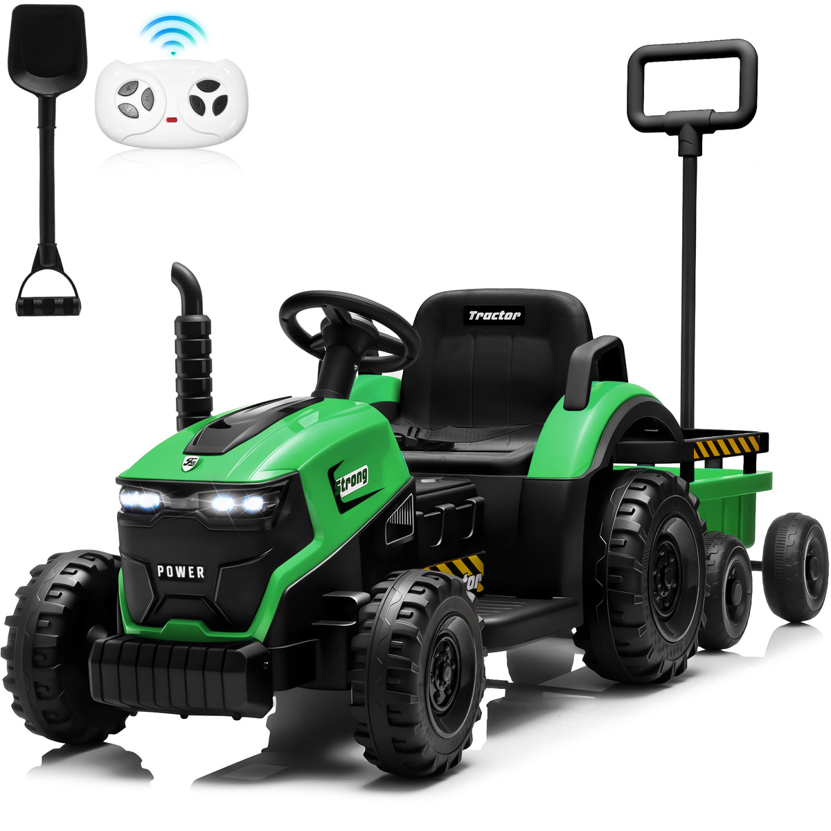 Sunnyfree 12V Ride on Tractor with Remote Control, 2 in 1 Ride on Car w/ Detachable Trailer, Ride on Toys for Kids with Bluetooth Music, Shovel, LED lights