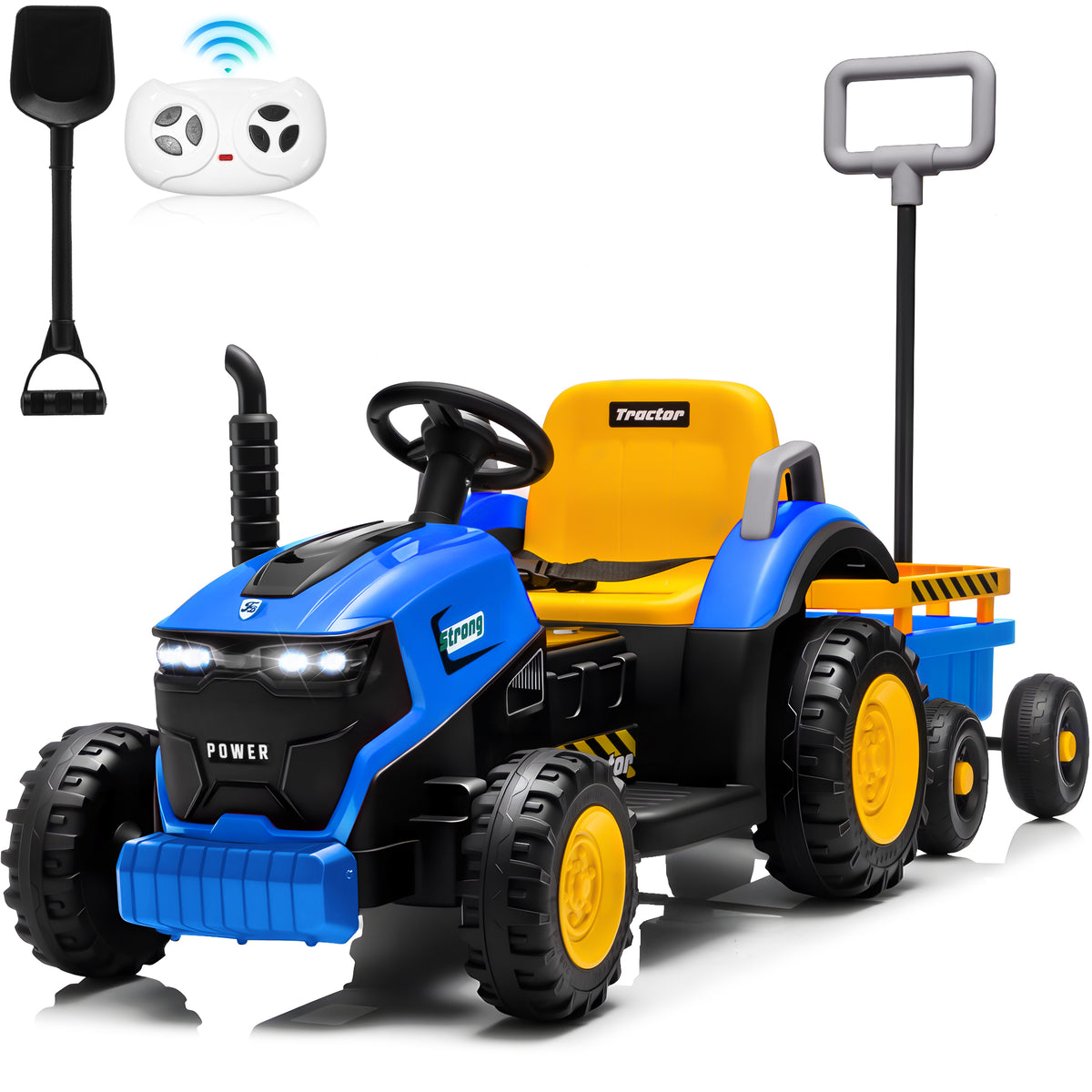 Sunnyfree 12V Ride on Tractor with Remote Control, 2 in 1 Ride on Car w/ Detachable Trailer, Ride on Toys for Kids with Bluetooth Music, Shovel, LED lights