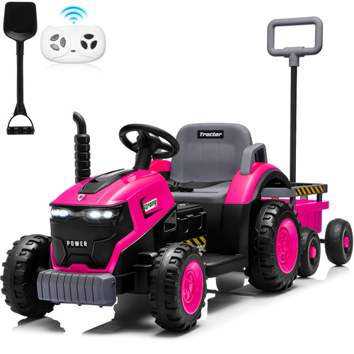 Sunnyfree 12V Ride on Tractor with Remote Control, 2 in 1 Ride on Car w/ Detachable Trailer, Ride on Toys for Kids with Bluetooth Music, Shovel, LED lights
