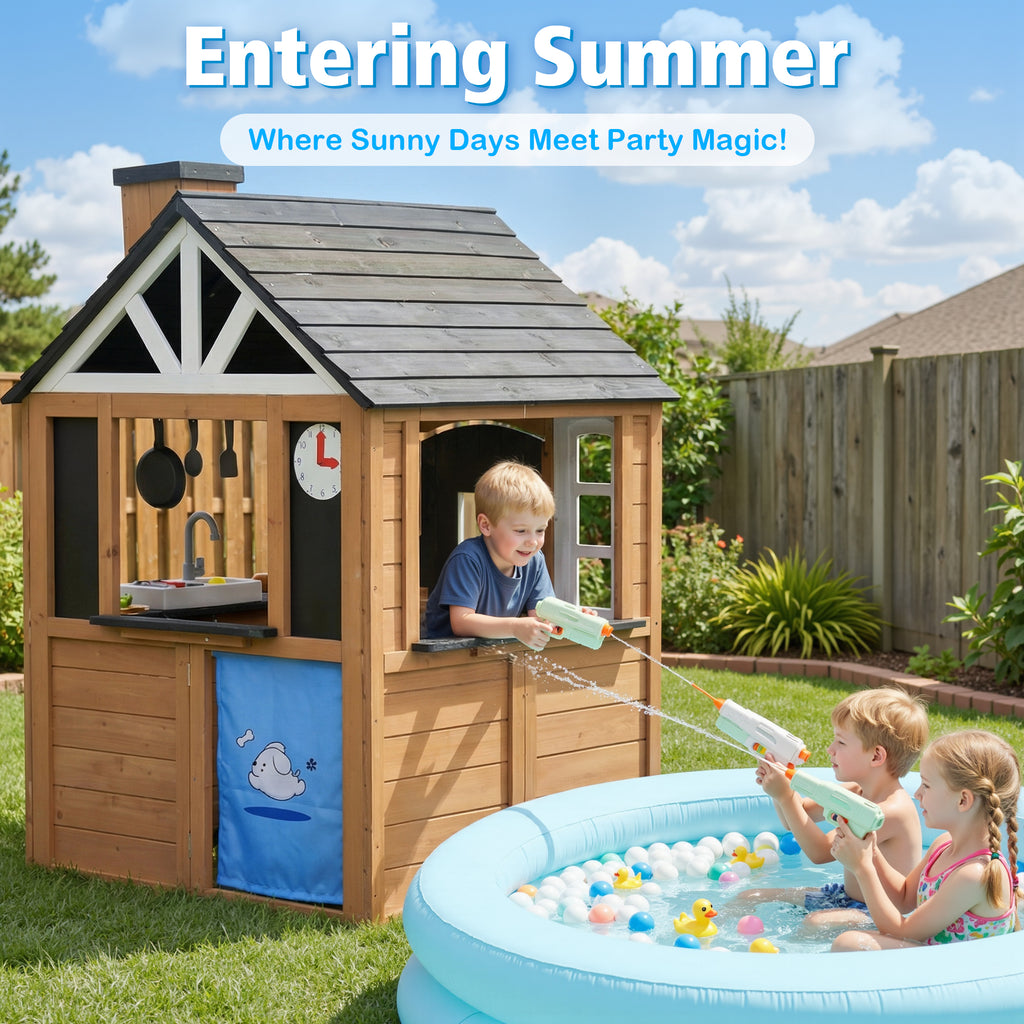 Sunnyfree Outdoor Playhouse for Kids, Wooden Playhouse with Doorbell, Phone, and Kitchen Toys, Ages 3 to 8