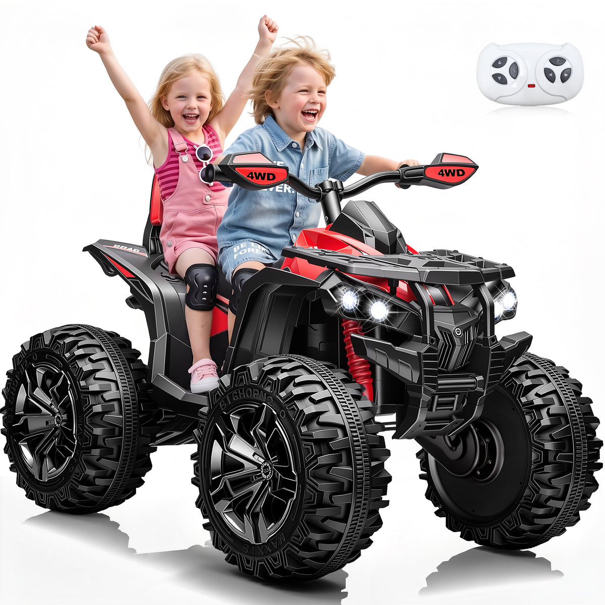 Sunnyfree 4WD ATV for Kids 24V Ride on Toy, 2-Seater Power Car Wheels with Remote, Bluetooth, Spring Suspension, Includes 2 Pairs Knee Pads