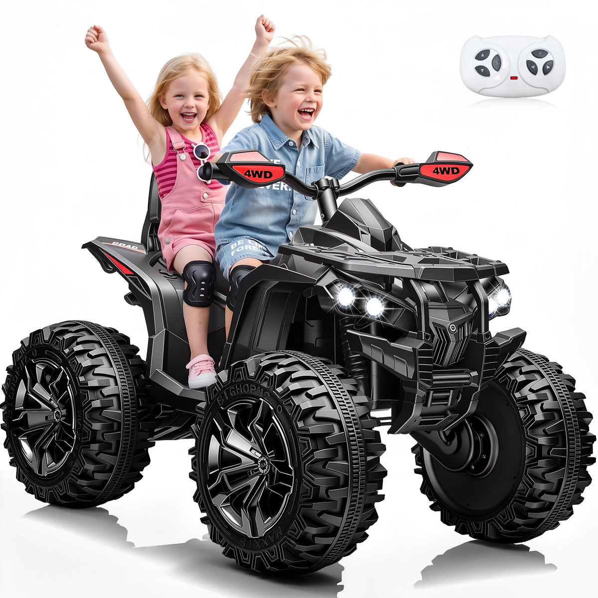 Sunnyfree 4WD ATV for Kids 24V Ride on Toy, 2-Seater Power Car Wheels with Remote, Bluetooth, Spring Suspension, Includes 2 Pairs Knee Pads