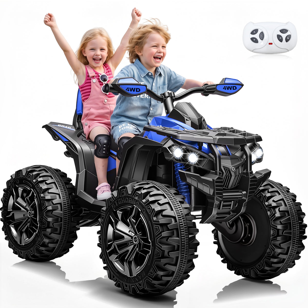 Sunnyfree 4WD ATV for Kids 24V Ride on Toy, 2-Seater Power Car Wheels with Remote, Bluetooth, Spring Suspension, Includes 2 Pairs Knee Pads