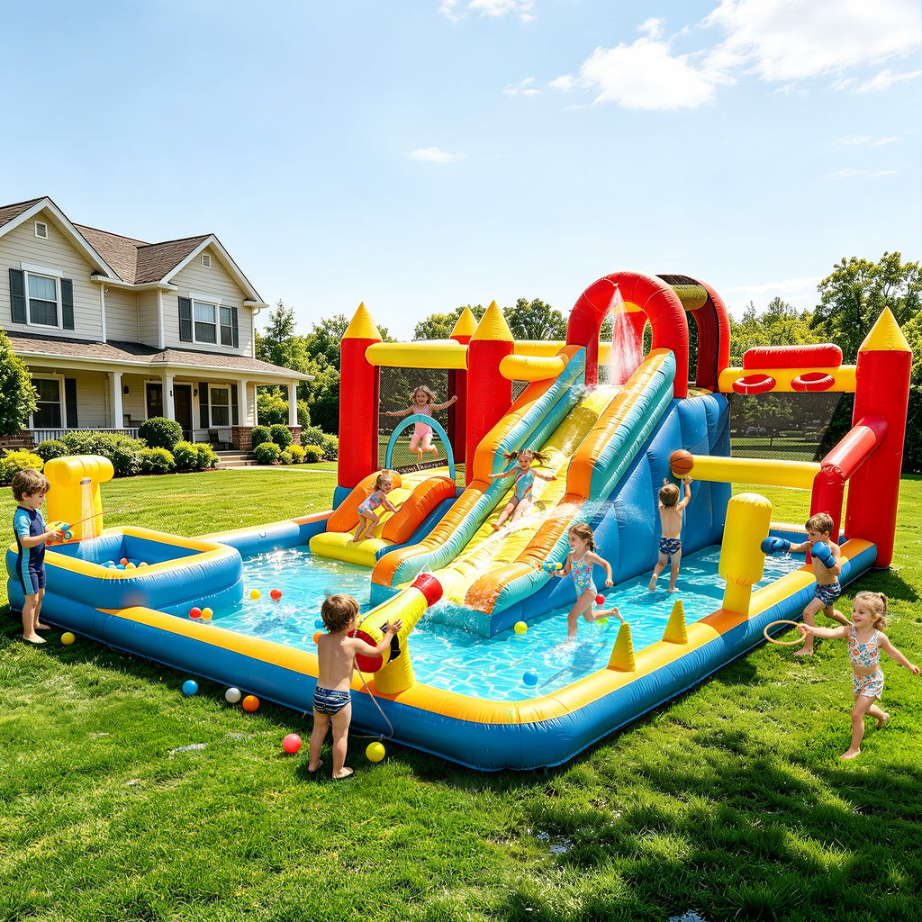 Sunnyfree 13 in 1 Inflatable Bounce House with Blower, 185" × 157" × 83" Oversized Inflatable Water Slide Park, Indoor&Outdoor Bounce Castle