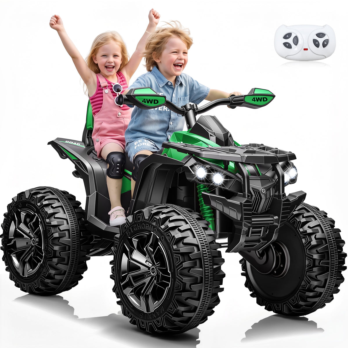 Sunnyfree 4WD ATV for Kids 24V Ride on Toy, 2-Seater Power Car Wheels with Remote, Bluetooth, Spring Suspension, Includes 2 Pairs Knee Pads