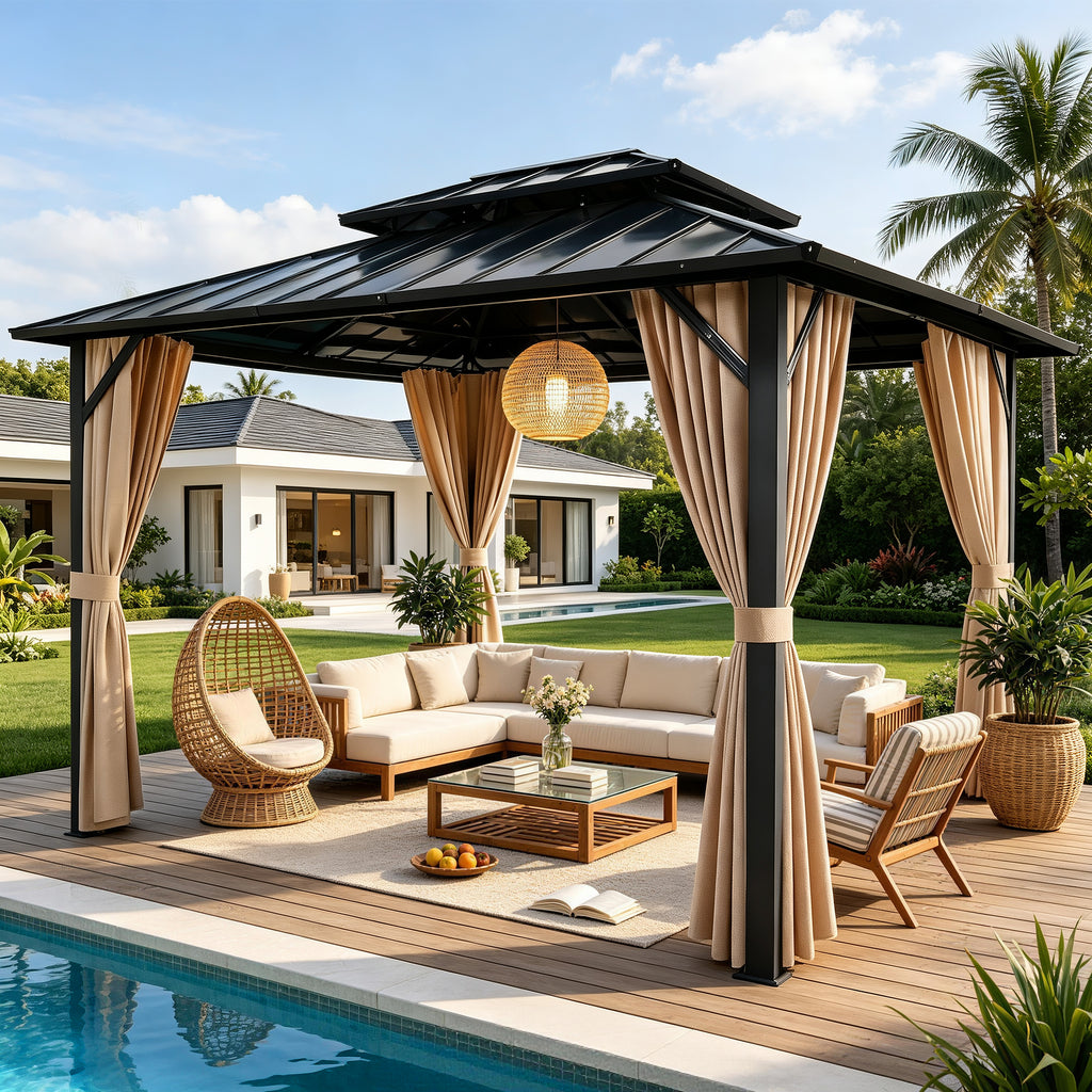 Sunnyfree 10x12 ft Hardtop Gazebo, Galvanized Steel Double Roof, Aluminum Pavilion with Curtains & Netting, for Patio, Garden