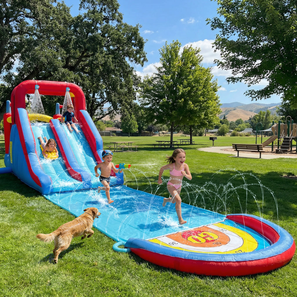 Sunnyfree Inflatable Water Slide for Kids 3+, 2 Extra Long Slides with Sprinkler, 2 Slip Inflatable Boards&112in Removable Slide, Indoor/Outdoor