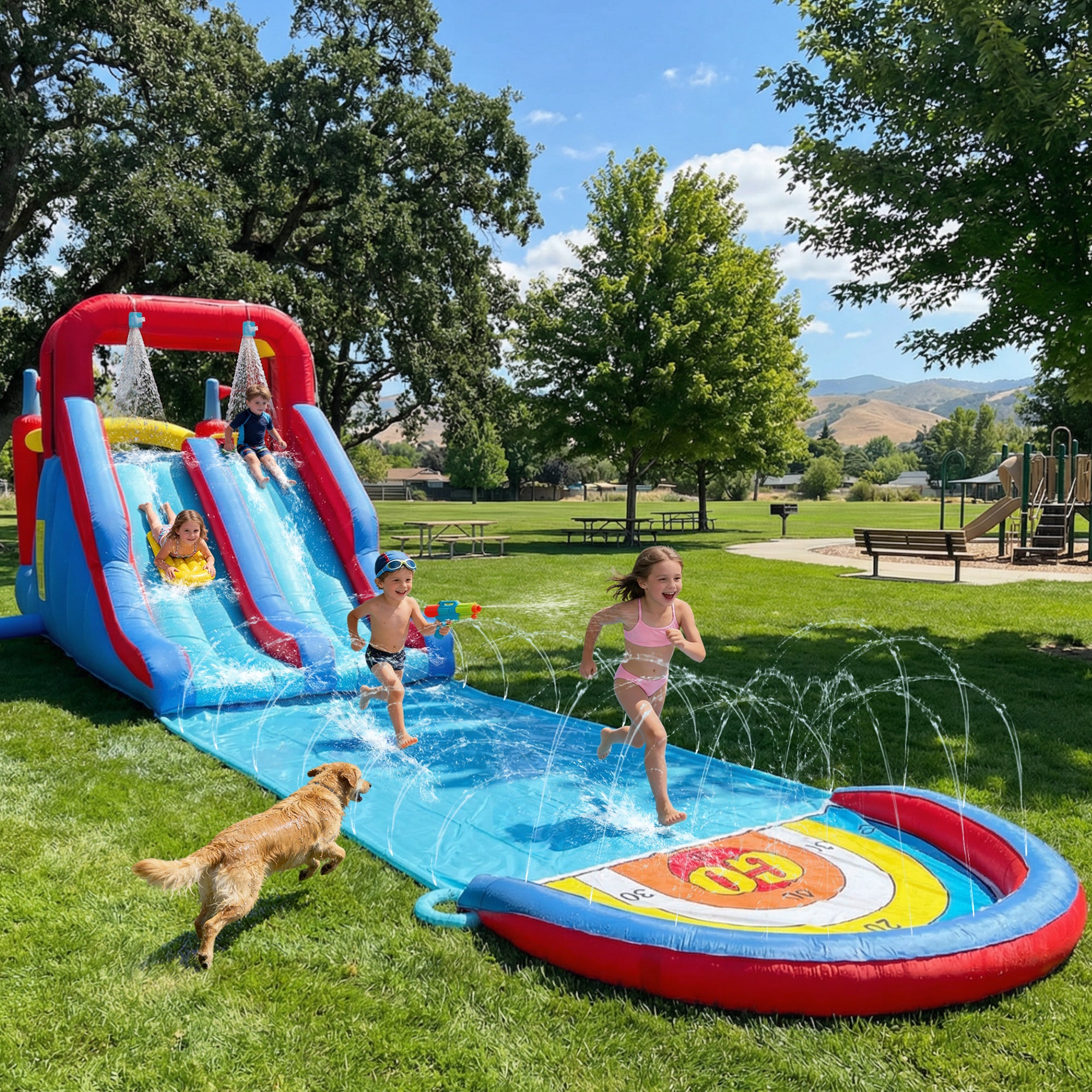 Sunnyfree Inflatable Water Slide for Kids 3+, 2 Extra Long Slides with Sprinkler, 2 Slip Inflatable Boards&112in Removable Slide, Indoor/Outdoor
