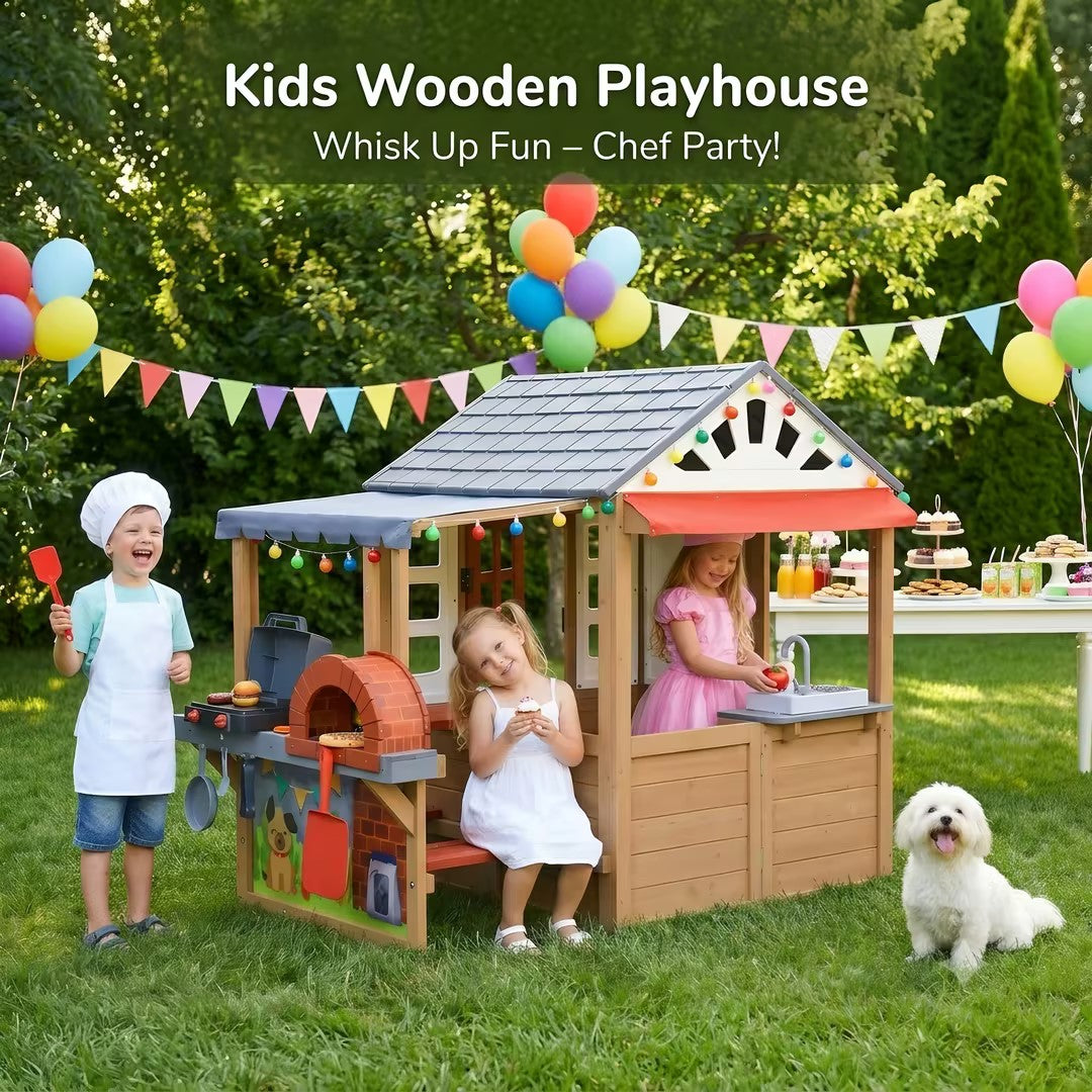 Sunnyfree Ourdoor Playhouse with BBQ Grill, Wooden Playhouse Interactive Kitchen, Pizza Oven, Toy Grill, Kitchen Utensils, Indoor & Outdoor
