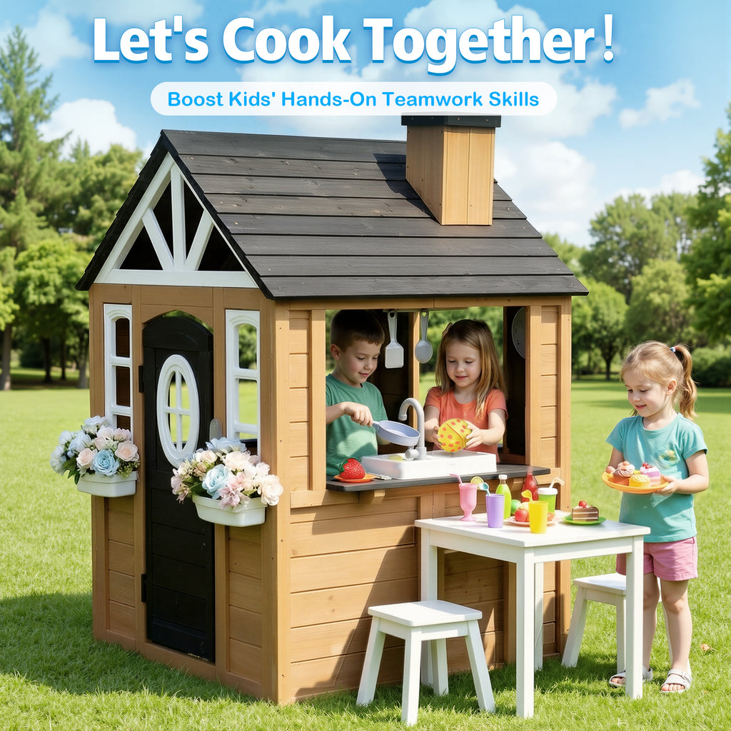Sunnyfree Outdoor Playhouse for Kids, Wooden Playhouse with Doorbell, Phone, and Kitchen Toys, Ages 3 to 8