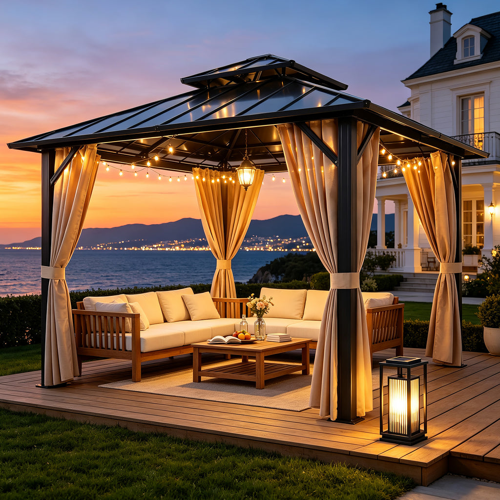 Sunnyfree 10x10 ft Hardtop Gazebo, Galvanized Steel Double Roof, Aluminum Pavilion with Curtains & Netting, for Patio, Garden