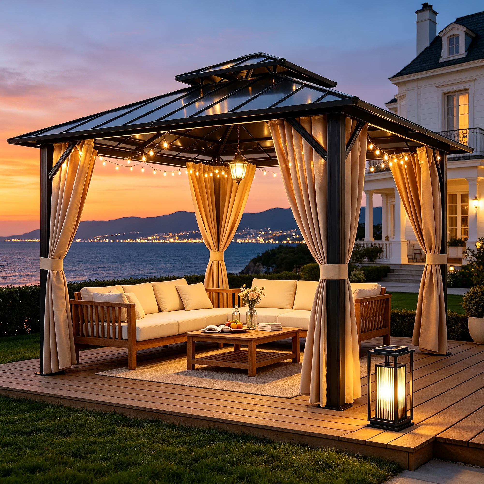 Sunnyfree 10x10 ft Hardtop Gazebo, Galvanized Steel Double Roof, Aluminum Pavilion with Curtains & Netting, for Patio, Garden