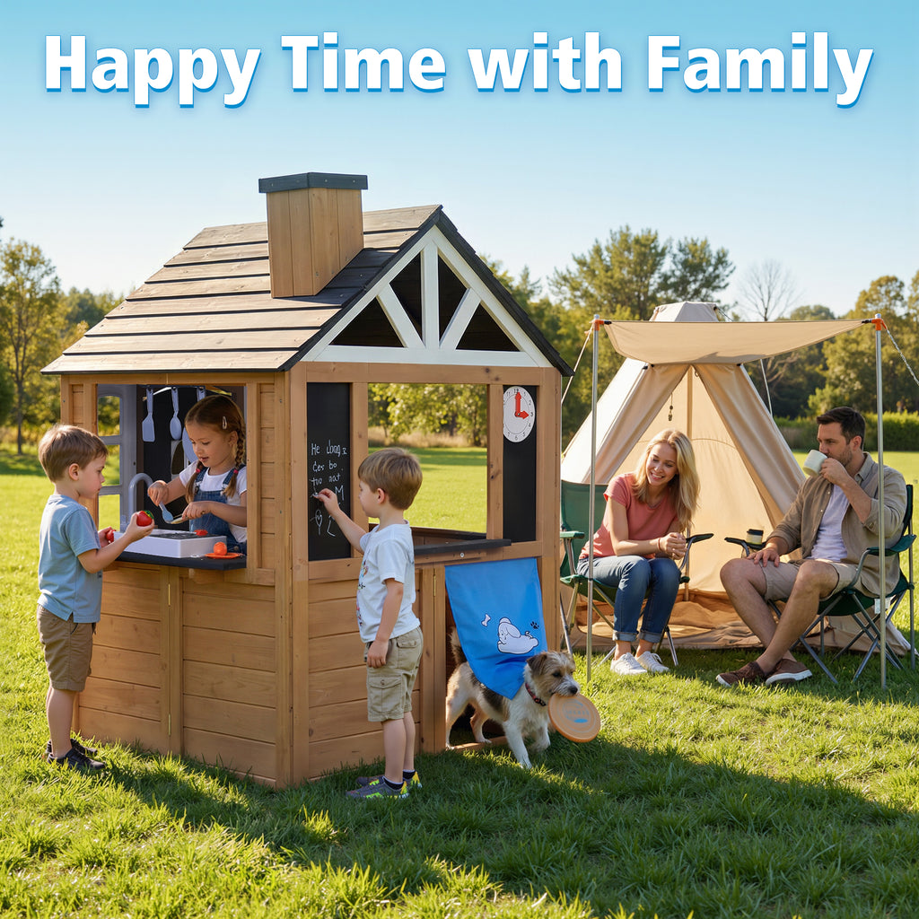 Sunnyfree Outdoor Playhouse for Kids, Wooden Playhouse with Doorbell, Phone, and Kitchen Toys, Ages 3 to 8