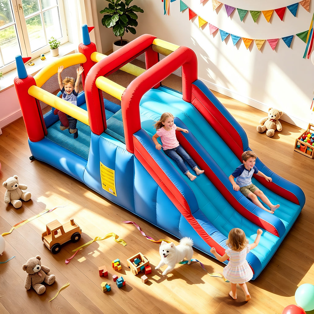 Sunnyfree Inflatable Water Slide for Kids 3+, 2 Extra Long Slides with Sprinkler, 2 Slip Inflatable Boards&112in Removable Slide, Indoor/Outdoor