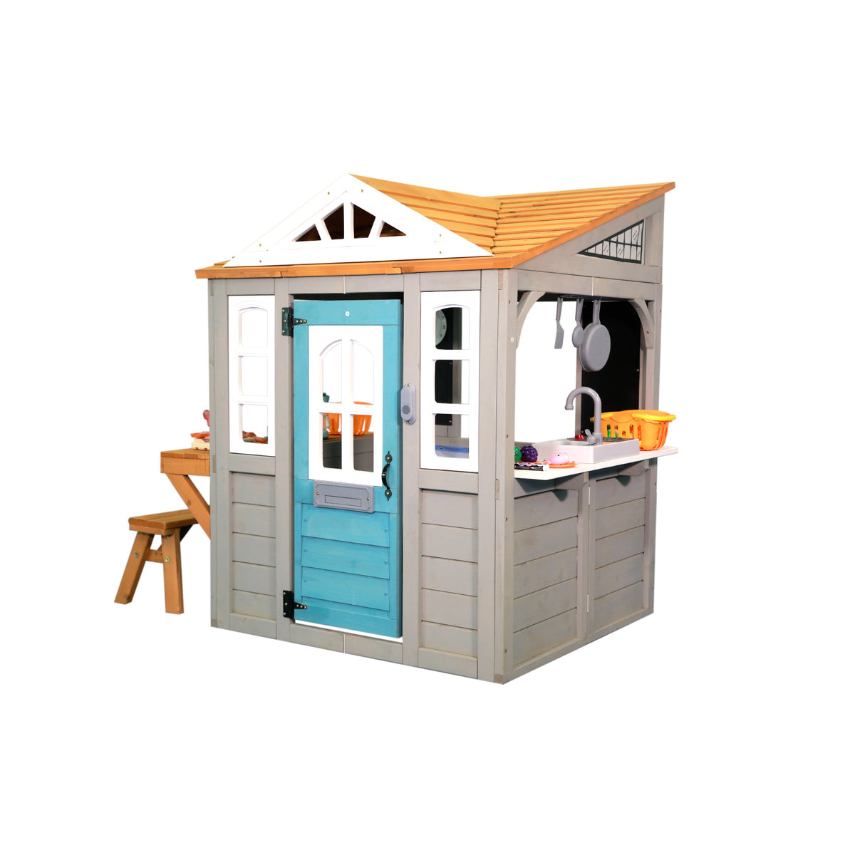 Sunnyfree Wooden Grocery Store Playhouse, Outdoor Playhouse with Juice Maker, Cash Register, Play Produce, Ages 3+