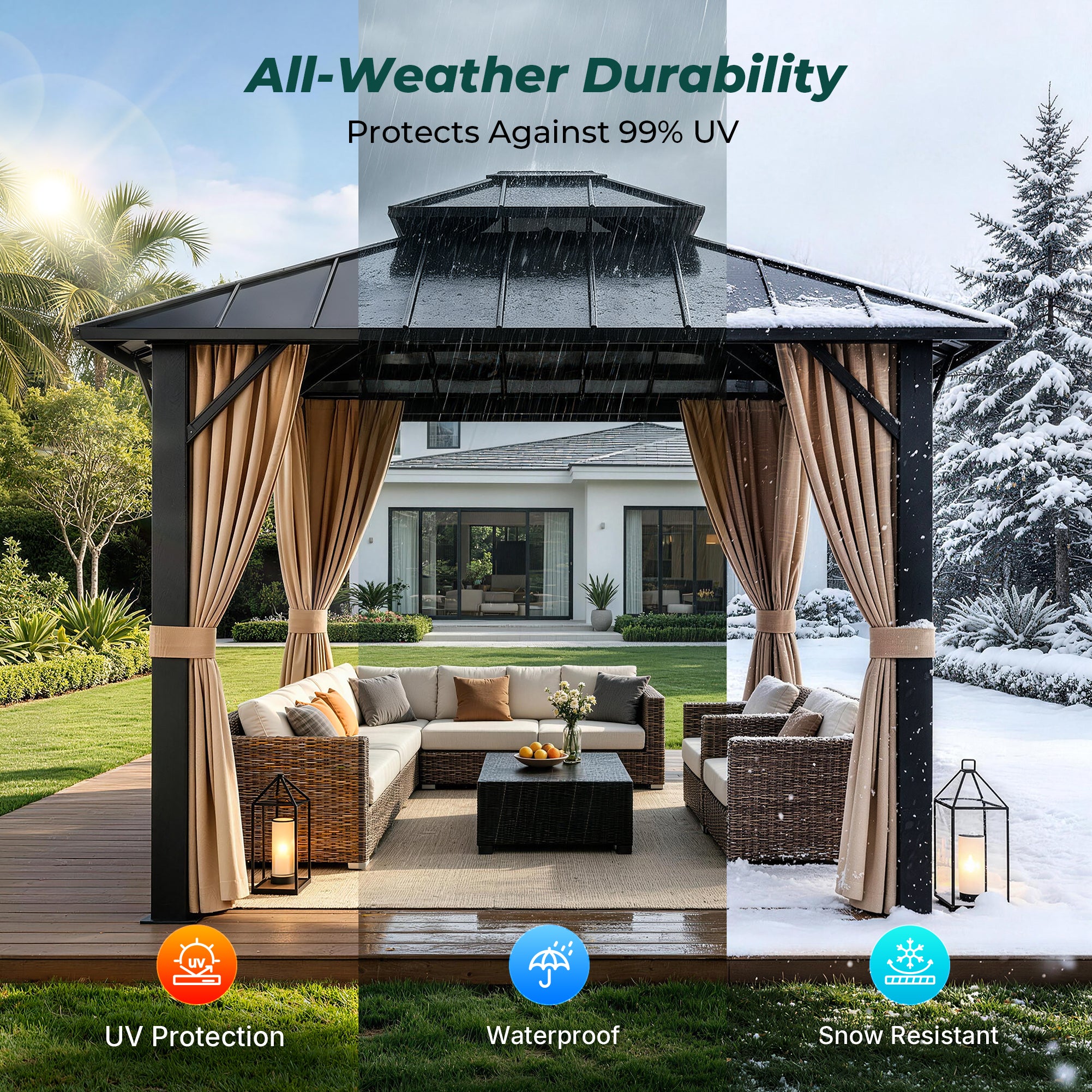 Sunnyfree 10x12 ft Hardtop Gazebo, Galvanized Steel Double Roof, Aluminum Pavilion with Curtains & Netting, for Patio, Garden