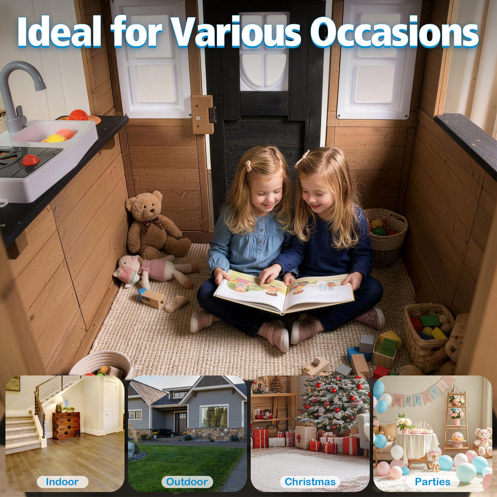 Sunnyfree Outdoor Playhouse for Kids, Wooden Playhouse with Doorbell, Phone, and Kitchen Toys, Ages 3 to 8