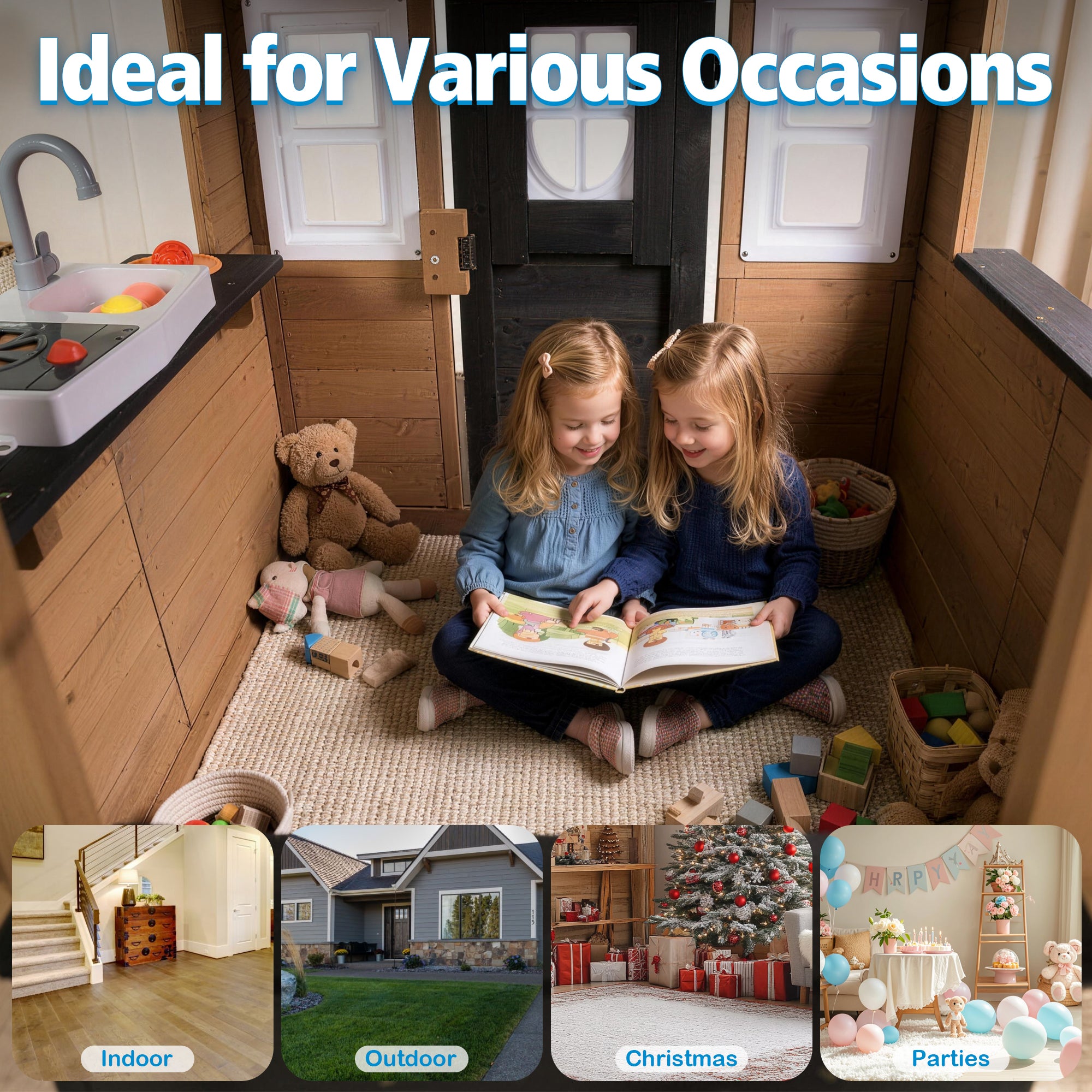 Sunnyfree Outdoor Playhouse for Kids, Wooden Playhouse with Doorbell, Phone, and Kitchen Toys, Ages 3 to 8