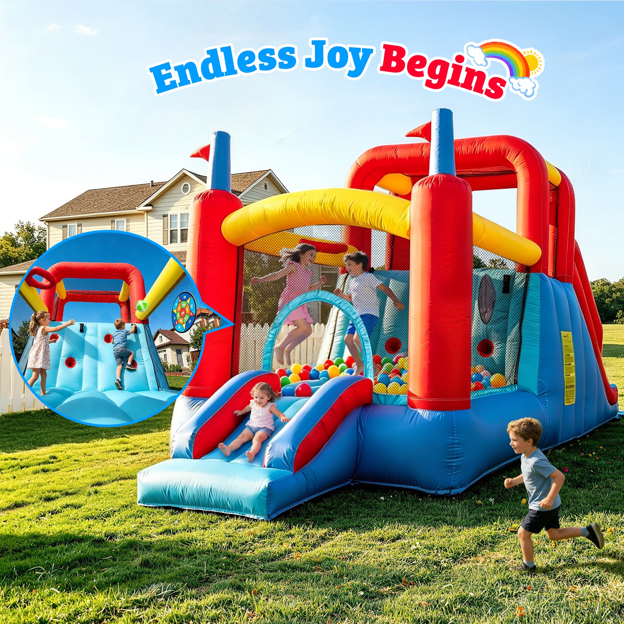 Sunnyfree Inflatable Water Slide for Kids 3+, 2 Extra Long Slides with Sprinkler, 2 Slip Inflatable Boards&112in Removable Slide, Indoor/Outdoor