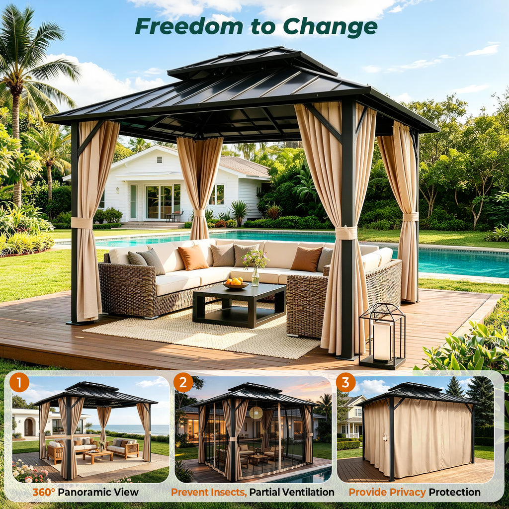 Sunnyfree 10x12 ft Hardtop Gazebo, Galvanized Steel Double Roof, Aluminum Pavilion with Curtains & Netting, for Patio, Garden