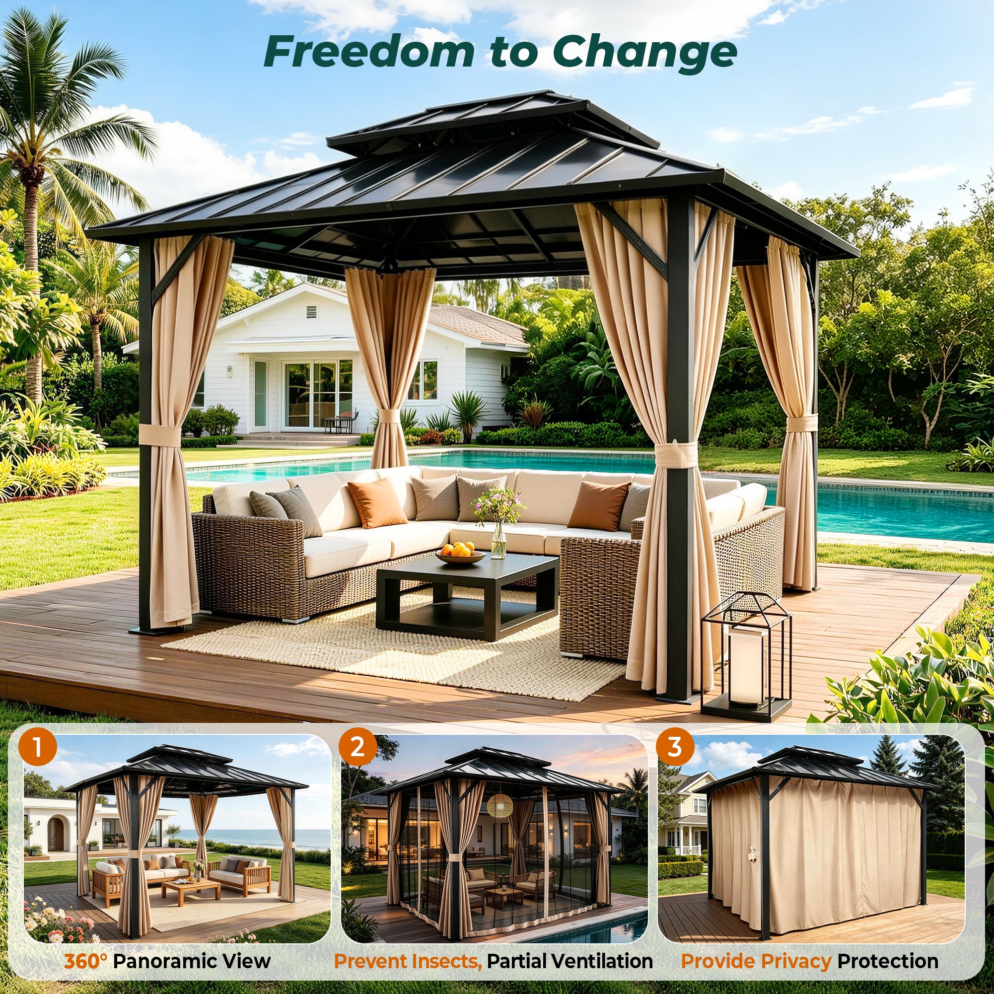 Sunnyfree 10x12 ft Hardtop Gazebo, Galvanized Steel Double Roof, Aluminum Pavilion with Curtains & Netting, for Patio, Garden