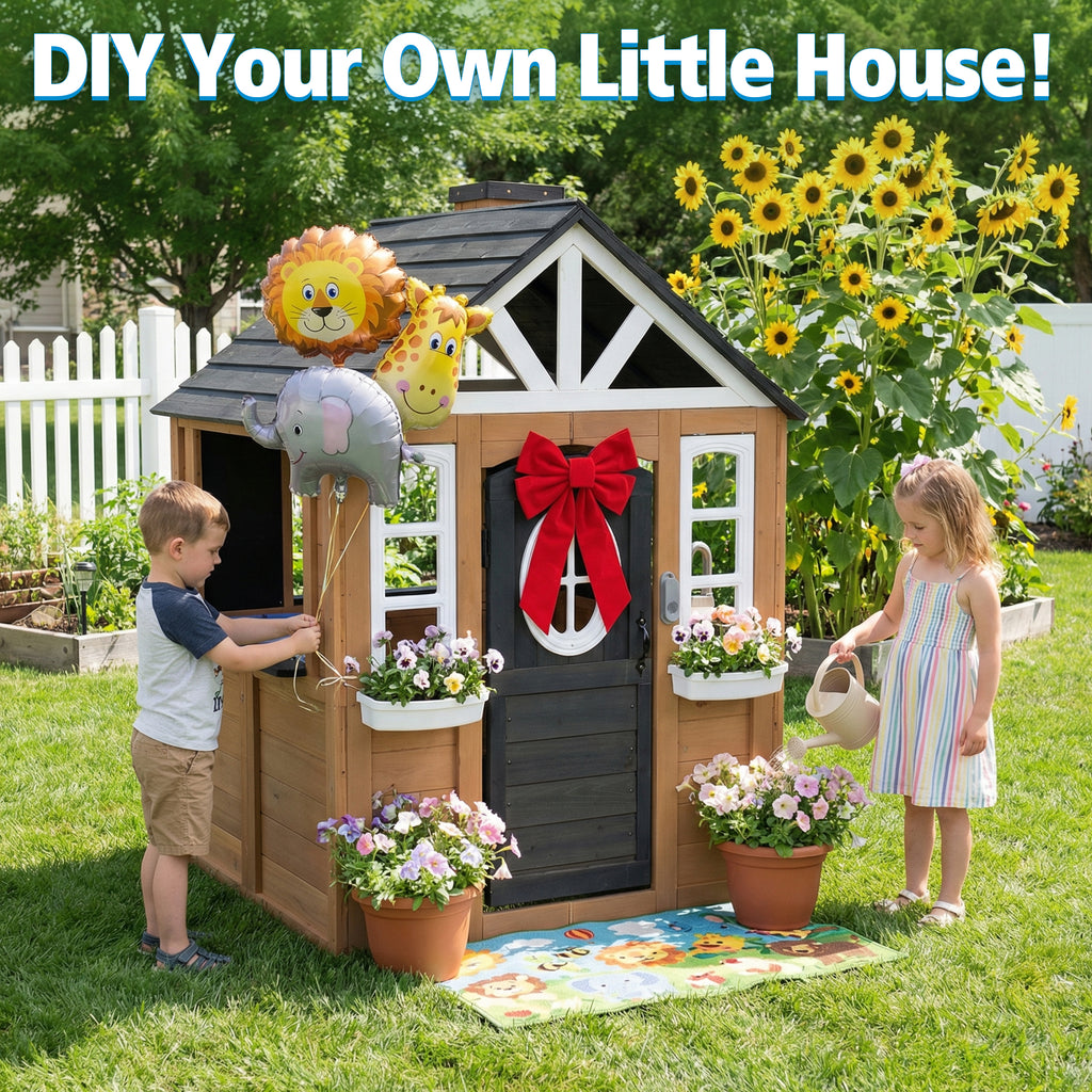 Sunnyfree Outdoor Playhouse for Kids, Wooden Playhouse with Doorbell, Phone, and Kitchen Toys, Ages 3 to 8