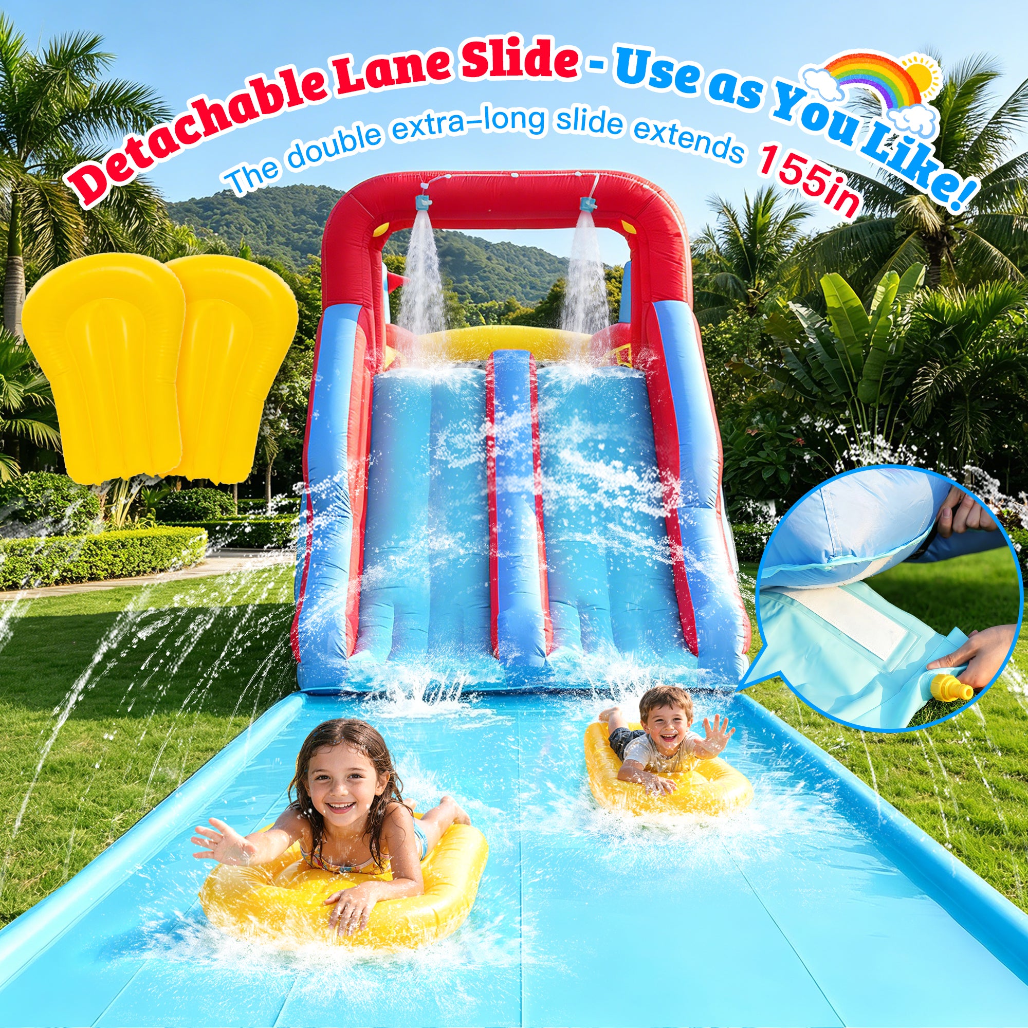 Sunnyfree Inflatable Water Slide for Kids 3+, 2 Extra Long Slides with Sprinkler, 2 Slip Inflatable Boards&112in Removable Slide, Indoor/Outdoor