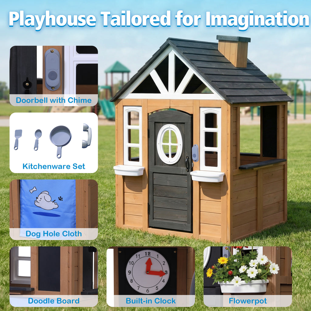 Sunnyfree Outdoor Playhouse for Kids, Wooden Playhouse with Doorbell, Phone, and Kitchen Toys, Ages 3 to 8
