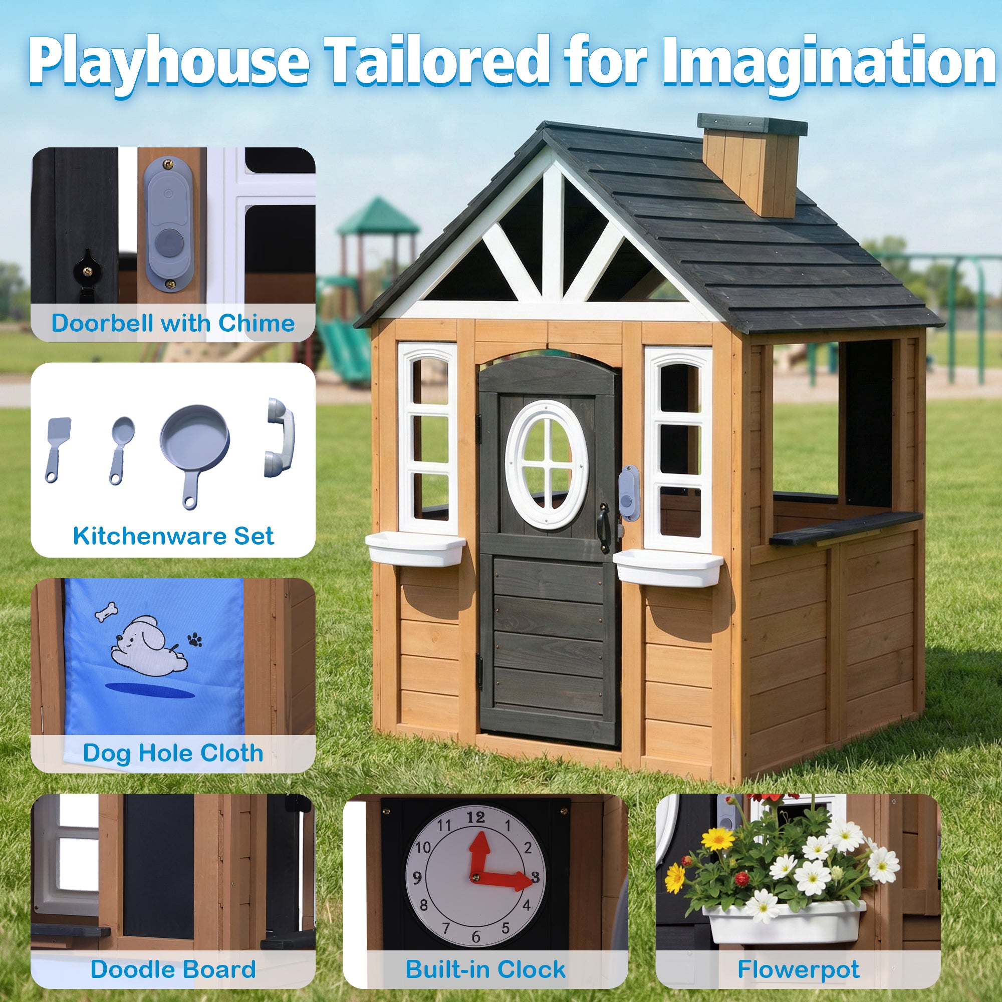 Sunnyfree Outdoor Playhouse for Kids, Wooden Playhouse with Doorbell, Phone, and Kitchen Toys, Ages 3 to 8
