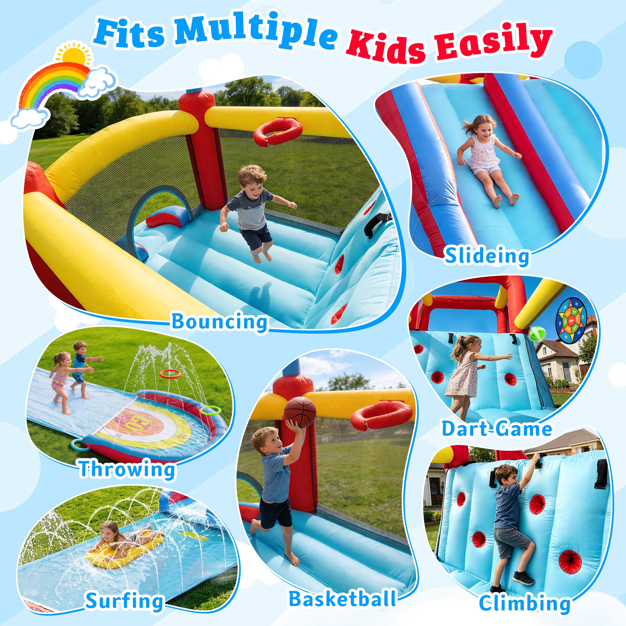 Sunnyfree Inflatable Water Slide for Kids 3+, 2 Extra Long Slides with Sprinkler, 2 Slip Inflatable Boards&112in Removable Slide, Indoor/Outdoor