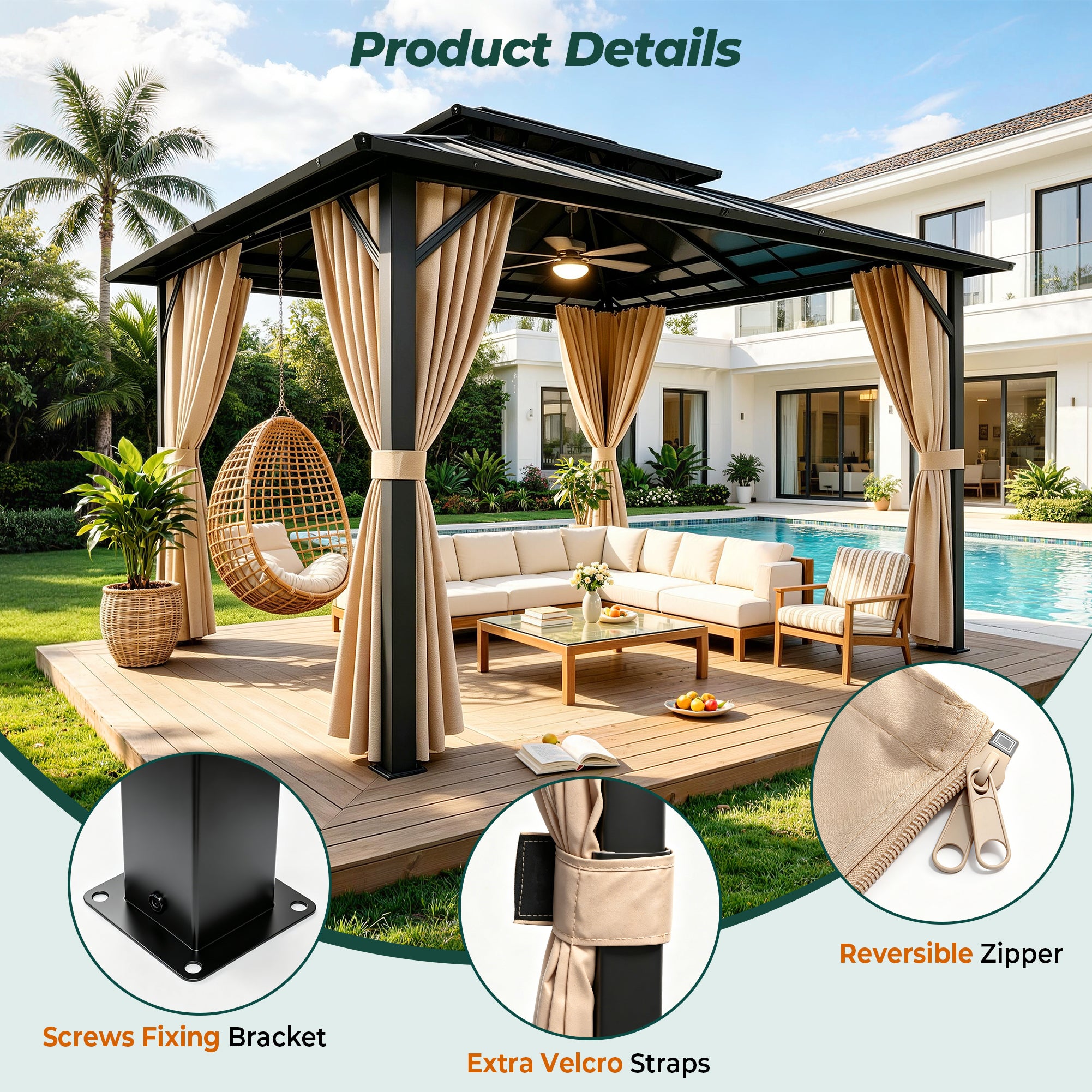 Sunnyfree 10x10 ft Hardtop Gazebo, Galvanized Steel Double Roof, Aluminum Pavilion with Curtains & Netting, for Patio, Garden