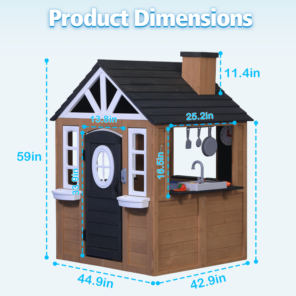 Sunnyfree Outdoor Playhouse for Kids, Wooden Playhouse with Doorbell, Phone, and Kitchen Toys, Ages 3 to 8