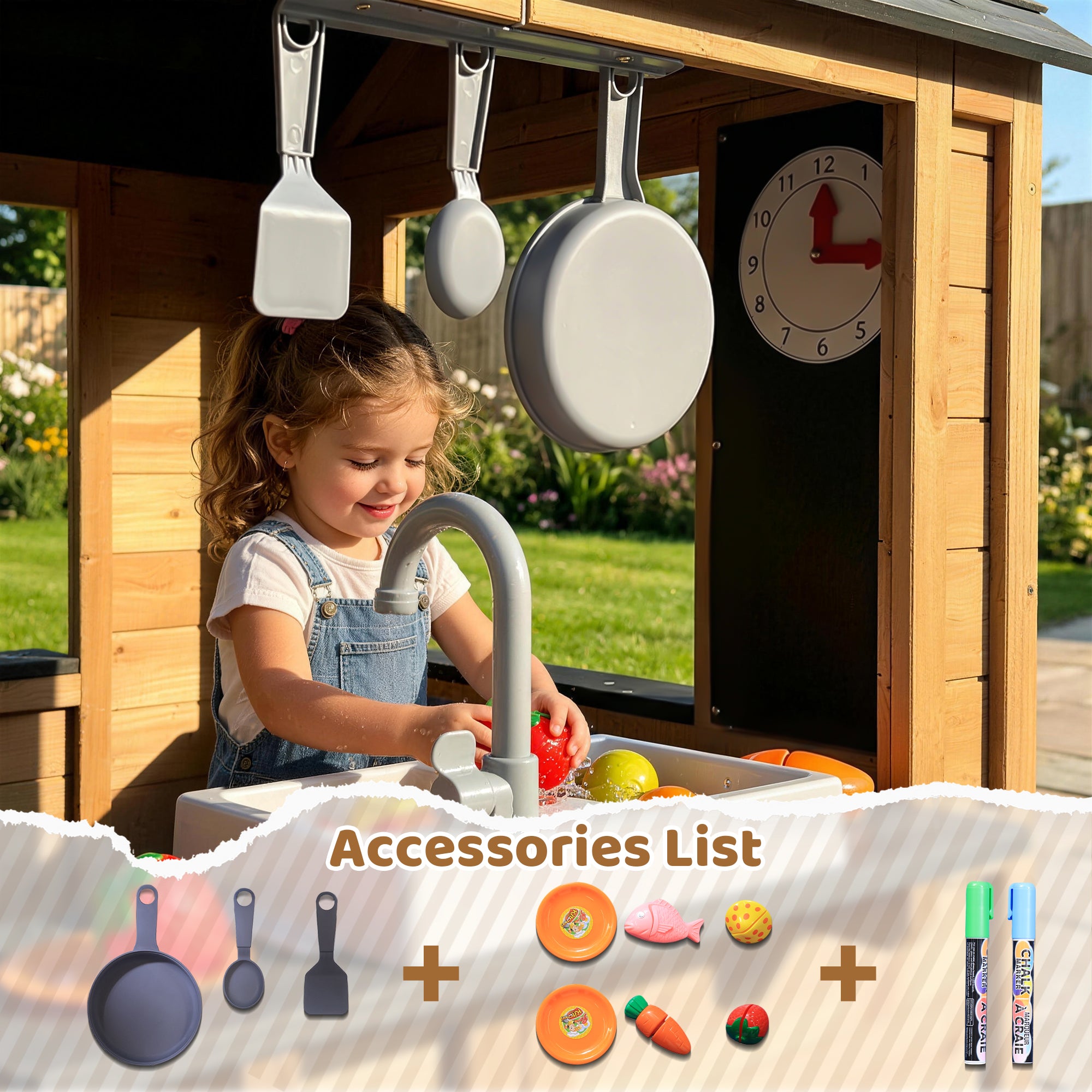 Sunnyfree Outdoor Playhouse for Kids, Interactive Kitchen Wooden Playhouse with Doorbell, Phone, and Kitchen Toys, Indoor & Outdoor